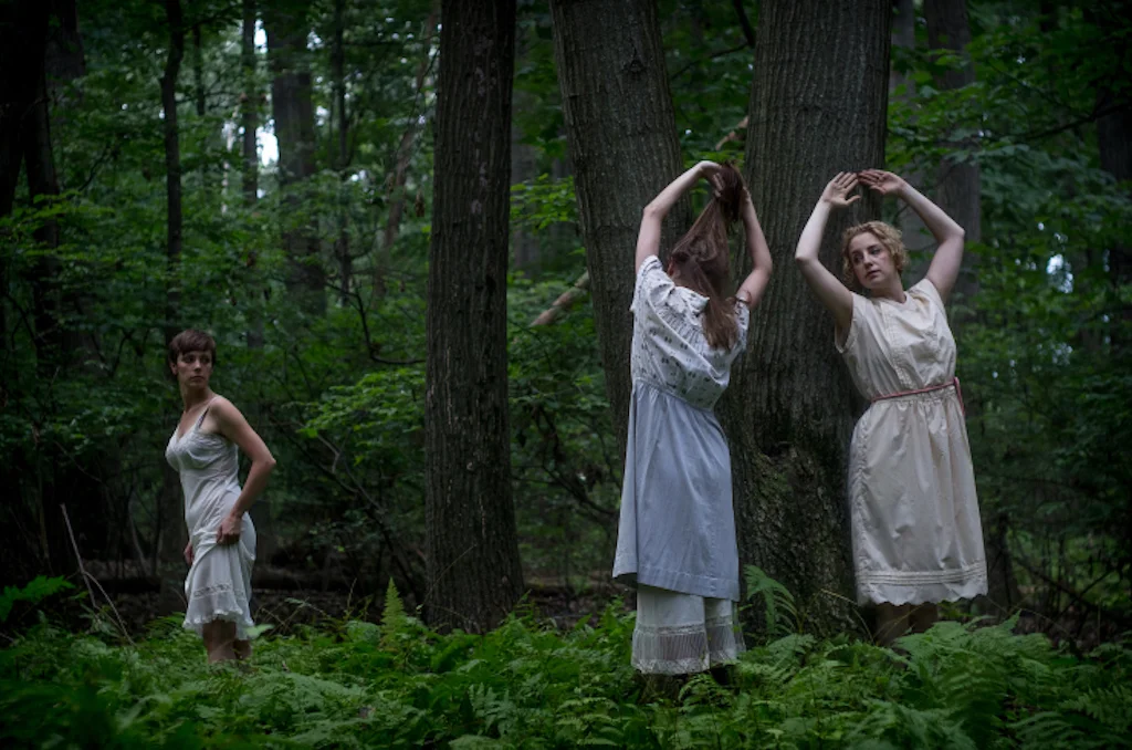 bad woods 2016 - three women dancers in the woods of Staten Island dressed in vintage dress