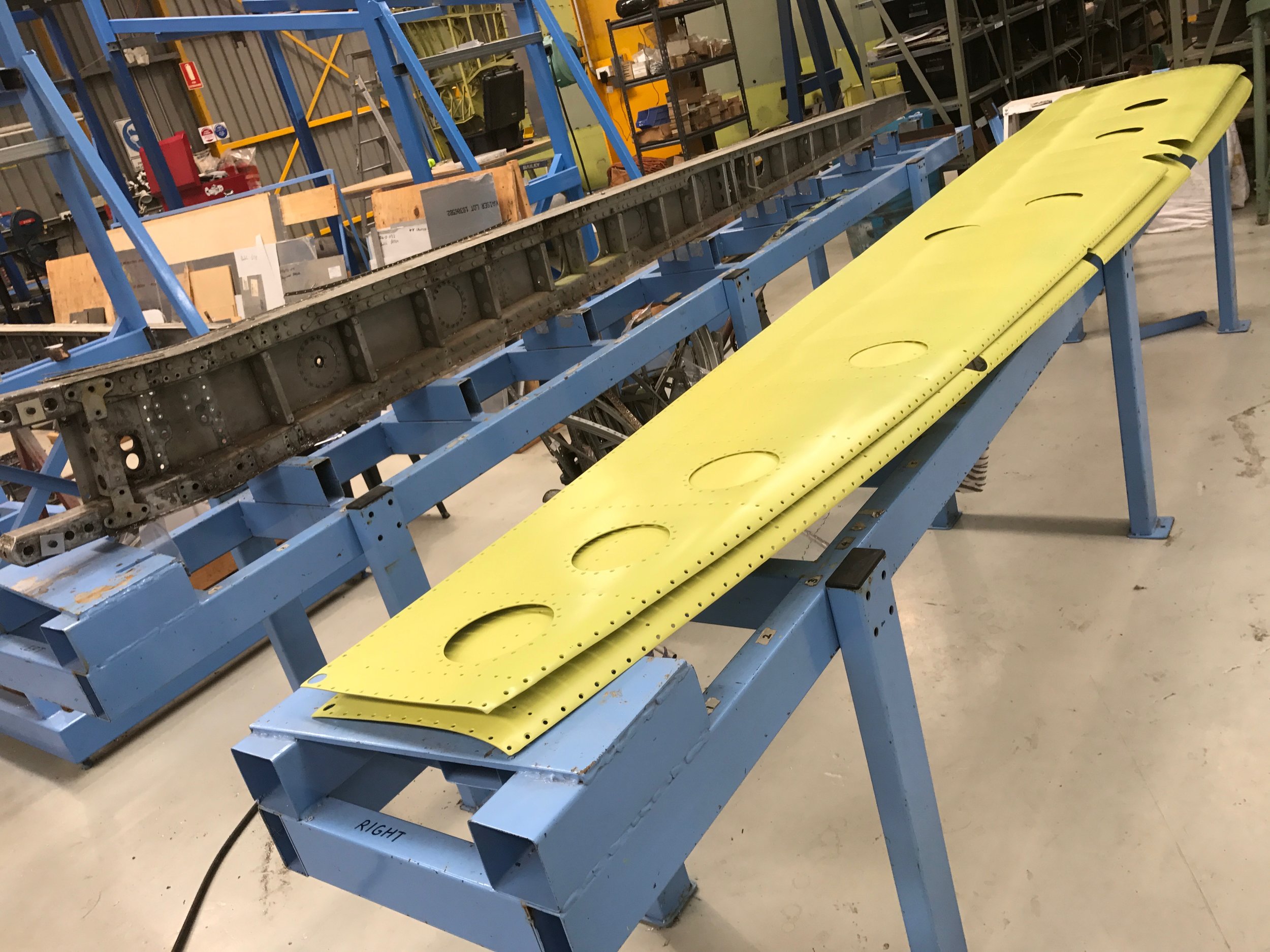 Left wing showing the original spar and restored leading edge skins.