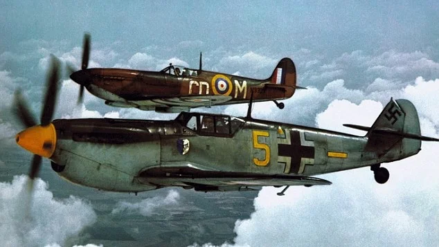 A Spitfire and Hispano Buchon during filming of "The Battle of Britain".