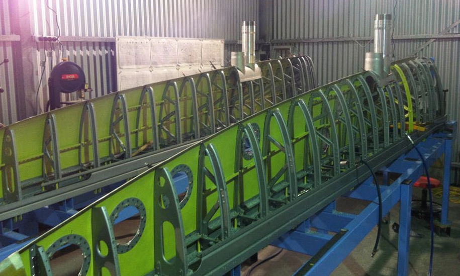 Wing leading edges during assembly.