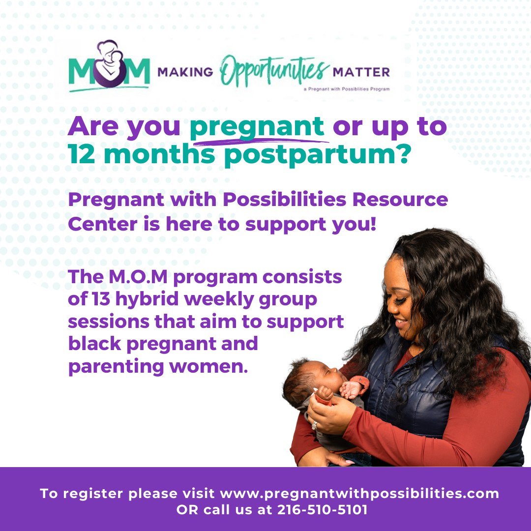 The M.O.M program is designed to educate, empower and support pregnant and postpartum participants. The program consists of 13 hybrid weekly group sessions that aim to improve Black infant and maternal health while providing education, support and re