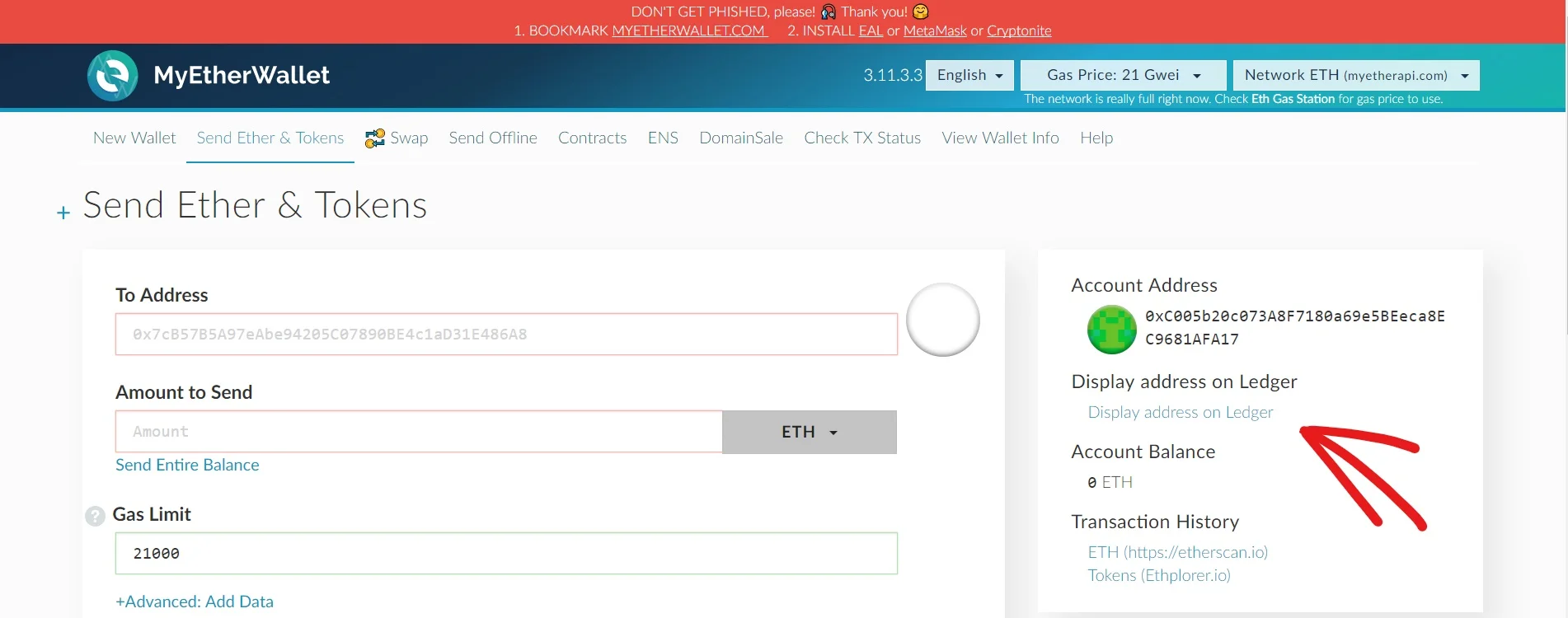 Link to check your Ethereum address from MyEtherWallet.com on your Ledger device screen. Use before receiving large amounts of ether or tokens.