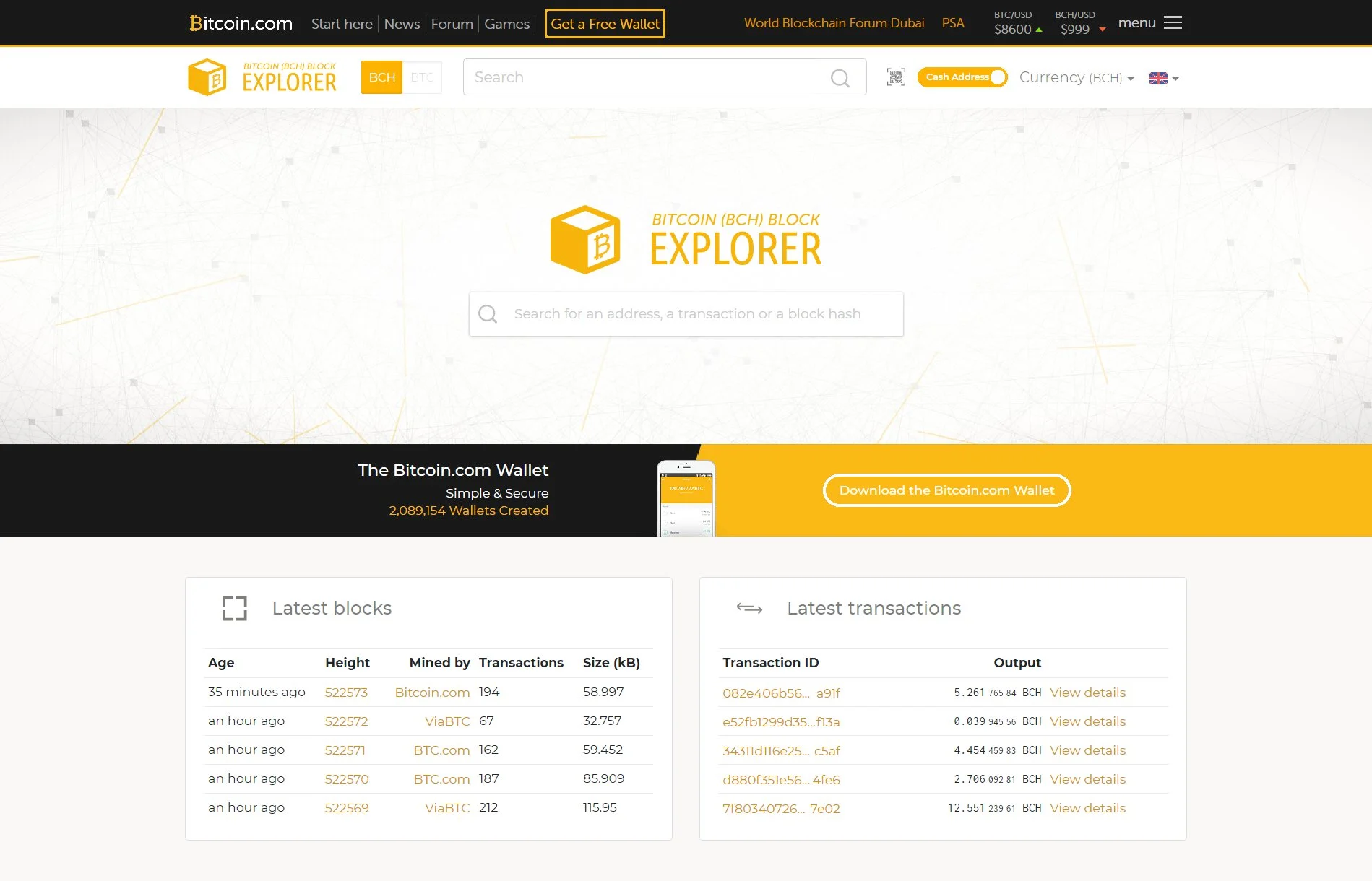 Explorer.Bitcoin.com home page