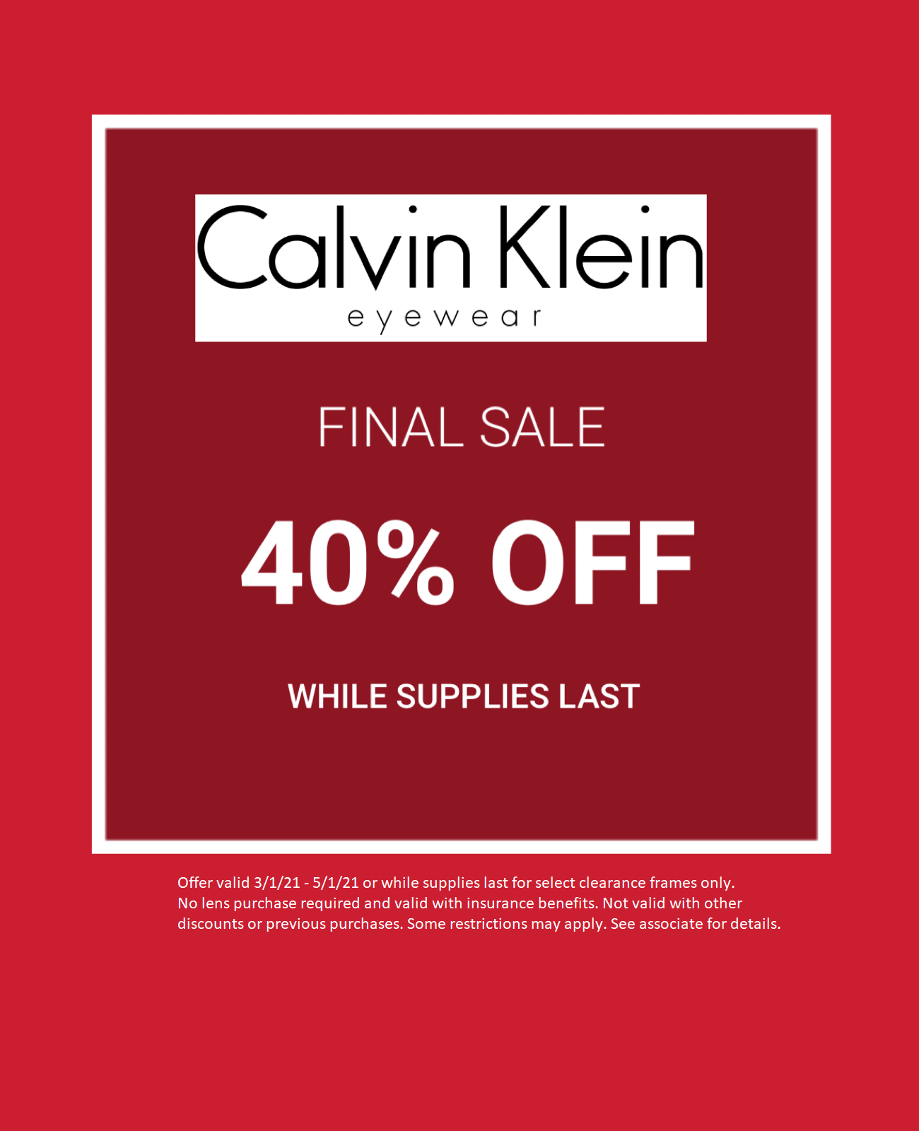 Calvin Klein 40% Final Sale — Sunshine Optometry