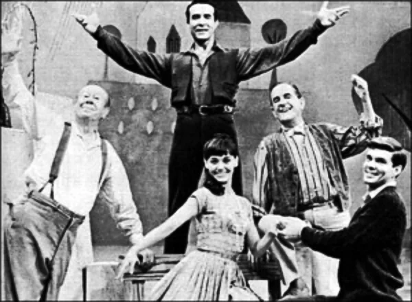 1964 HALLMARK HALL OF FAME BROADCAST of THE FANTASTICKS with Bert Lahr, Susan Watson, Stanley Holloway, John Davidson and Ricardo Montalban (standing center rear).