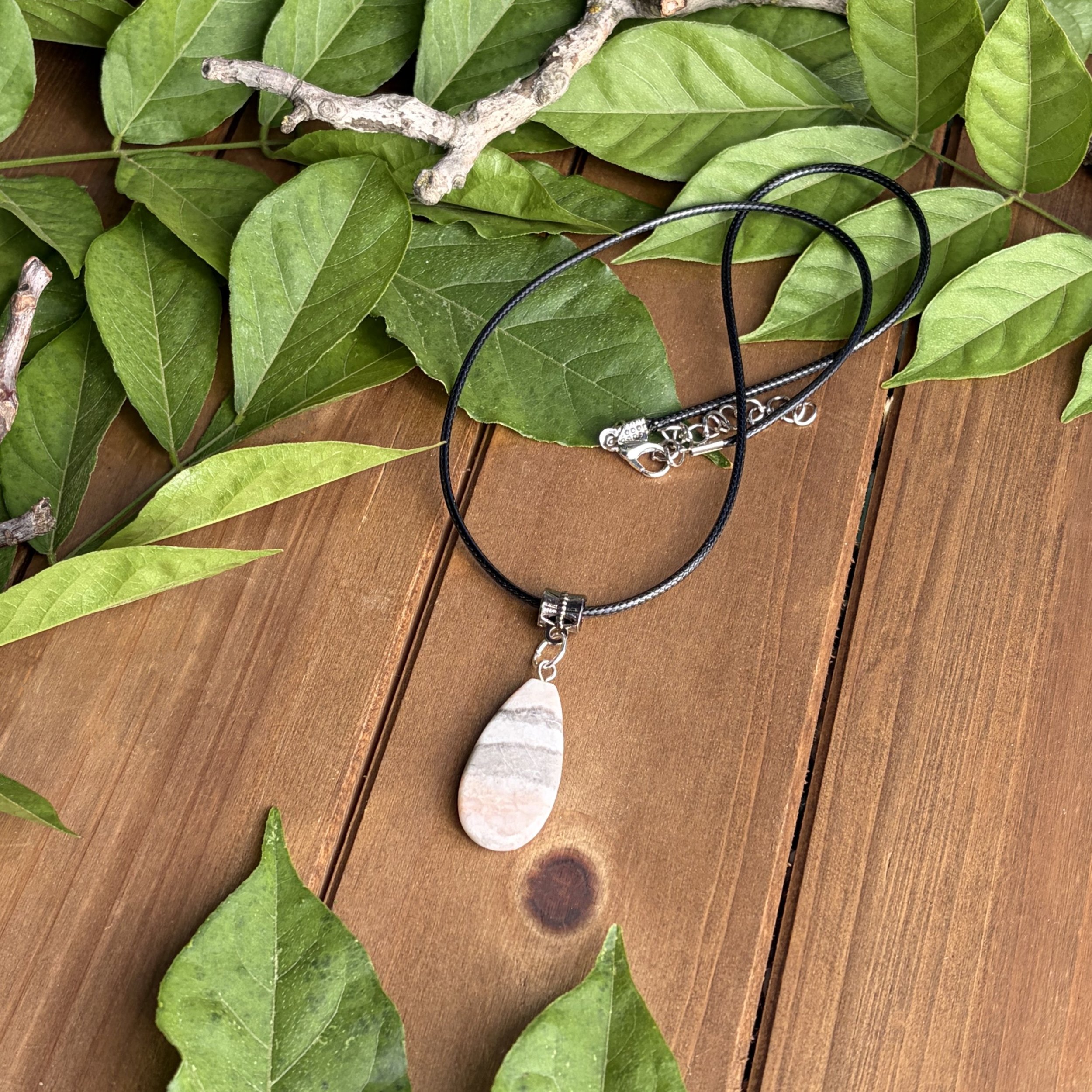 pink with gray and white gemstone necklace