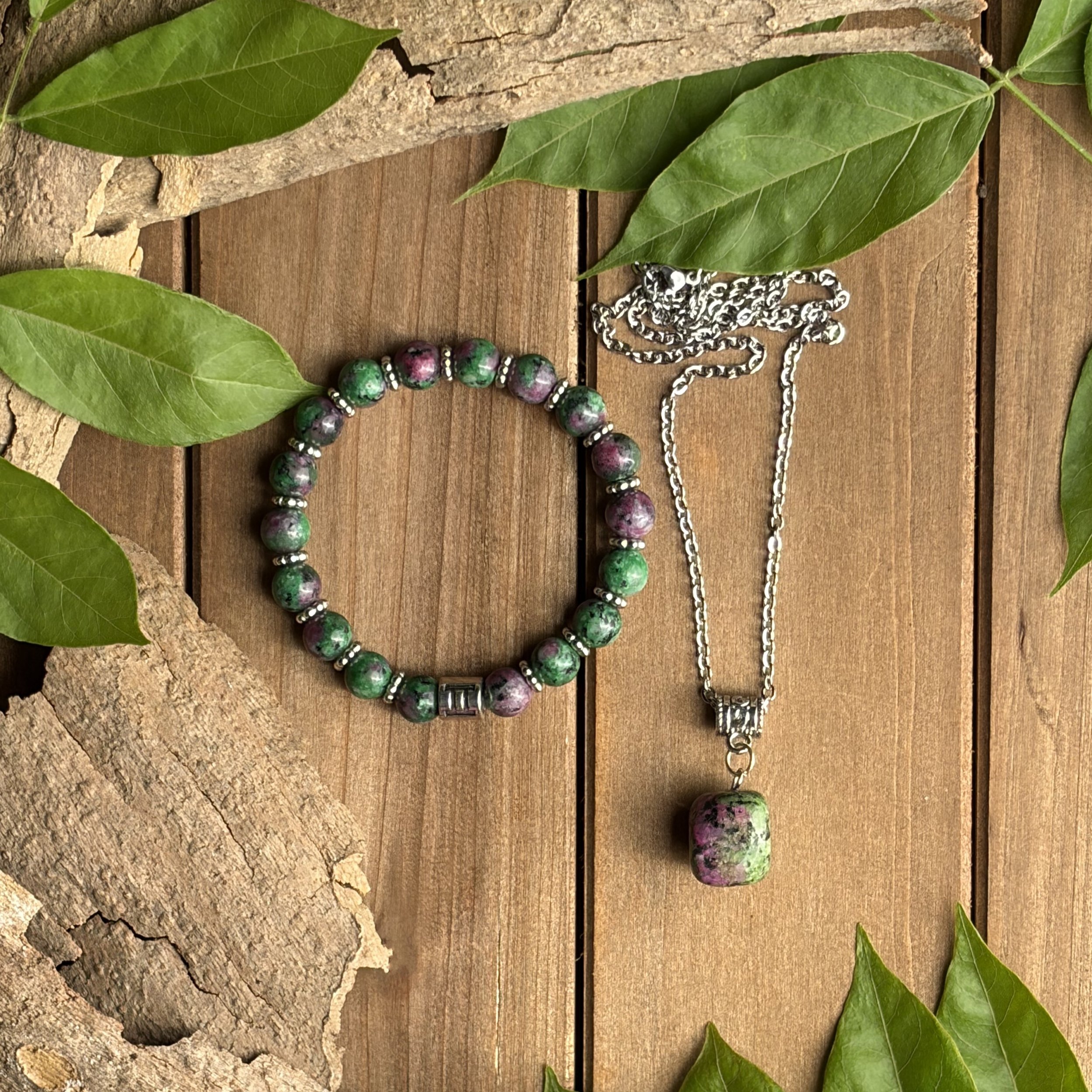Gemini Ruby Zoisite Necklace and Bracelet Set for Self-Control