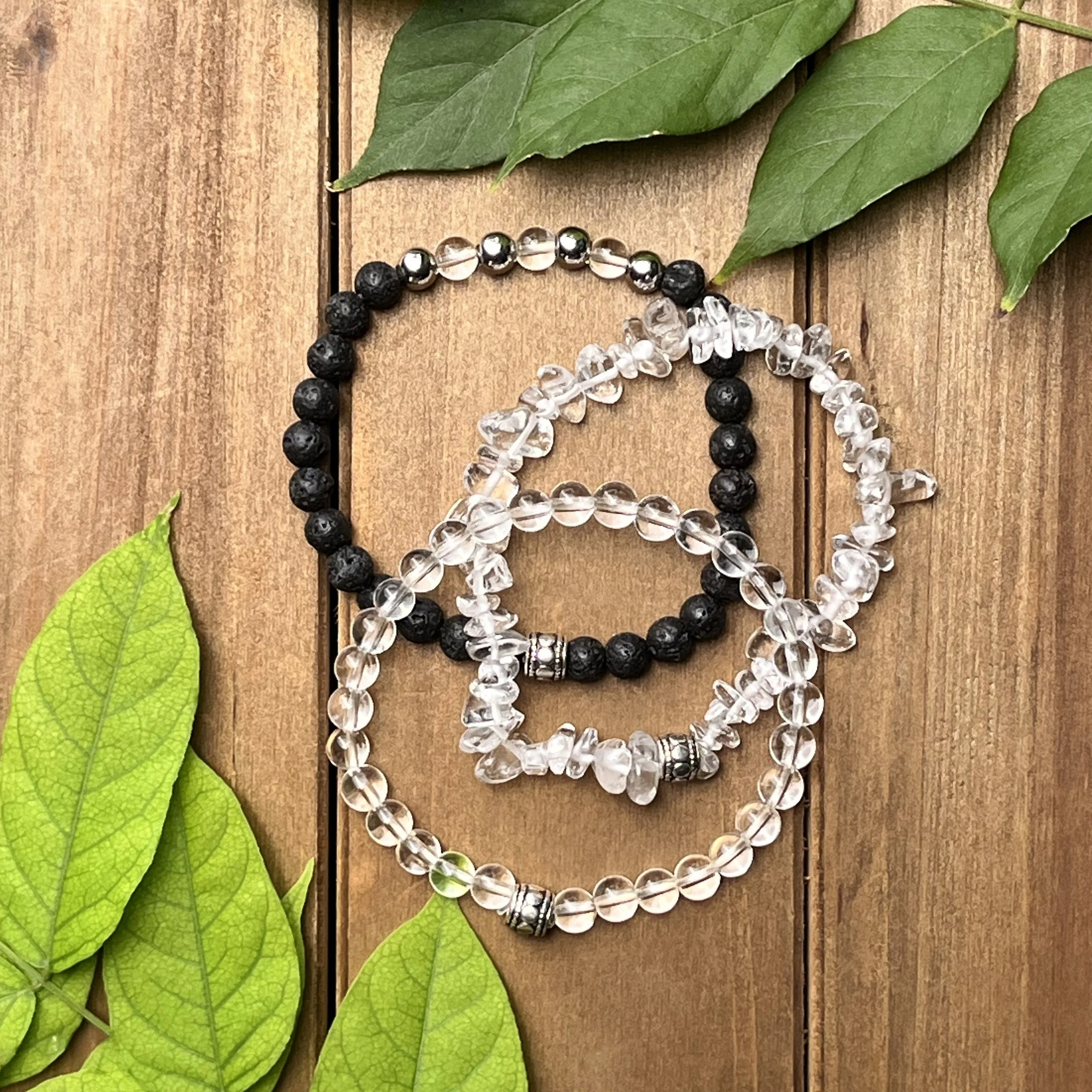 Crystal Quartz with Lava Stone 3 piece Stack Bracelet Set