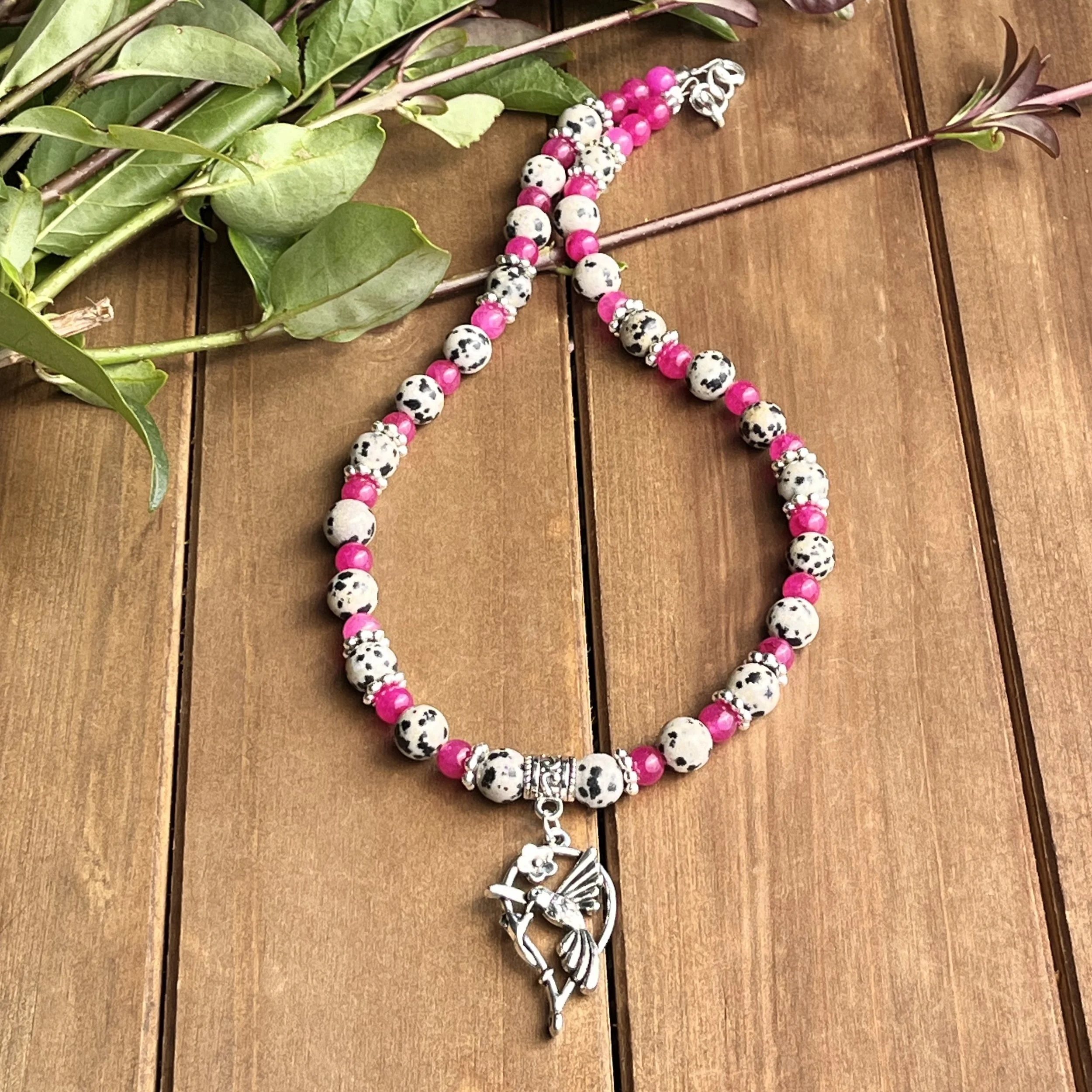 Dalmatian Jasper with Pink Quartzite Hummingbird Necklace for Resilience