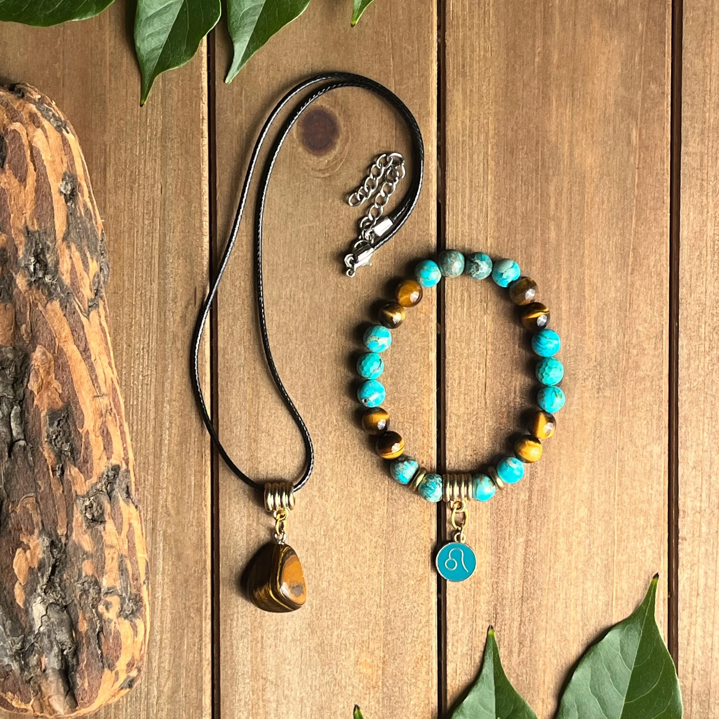 Leo Impression Jasper with Tiger Eye Jewelry Set for Leadership and Success