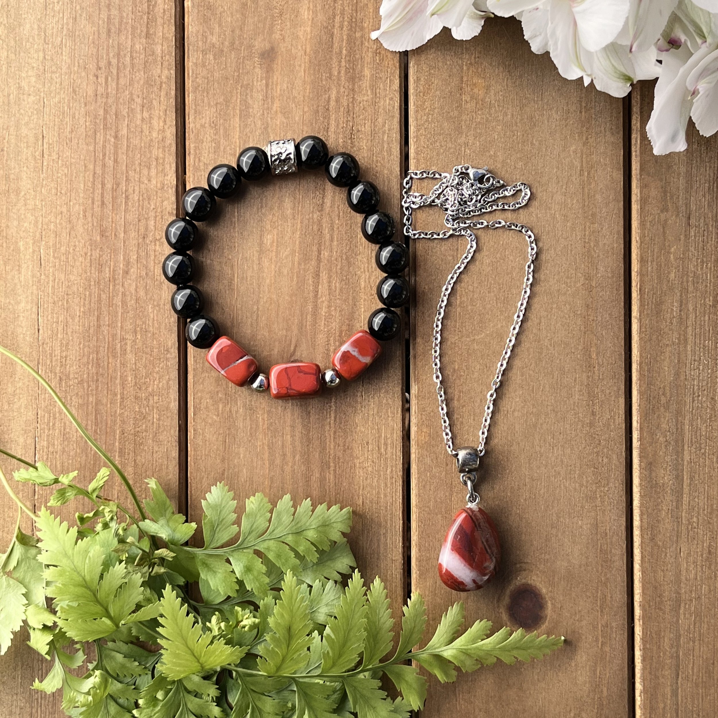 Red Jasper with Onyx Nugget Bracelet and Necklace Set (Large)