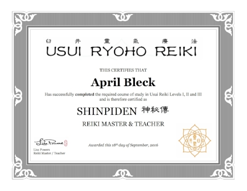 April Bleck Reiki Certificate