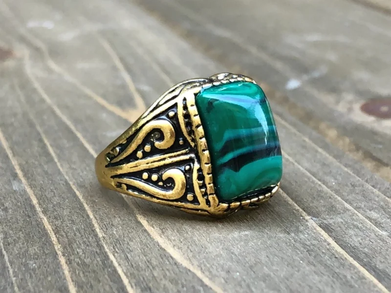 Malachite men's green gemstone ring