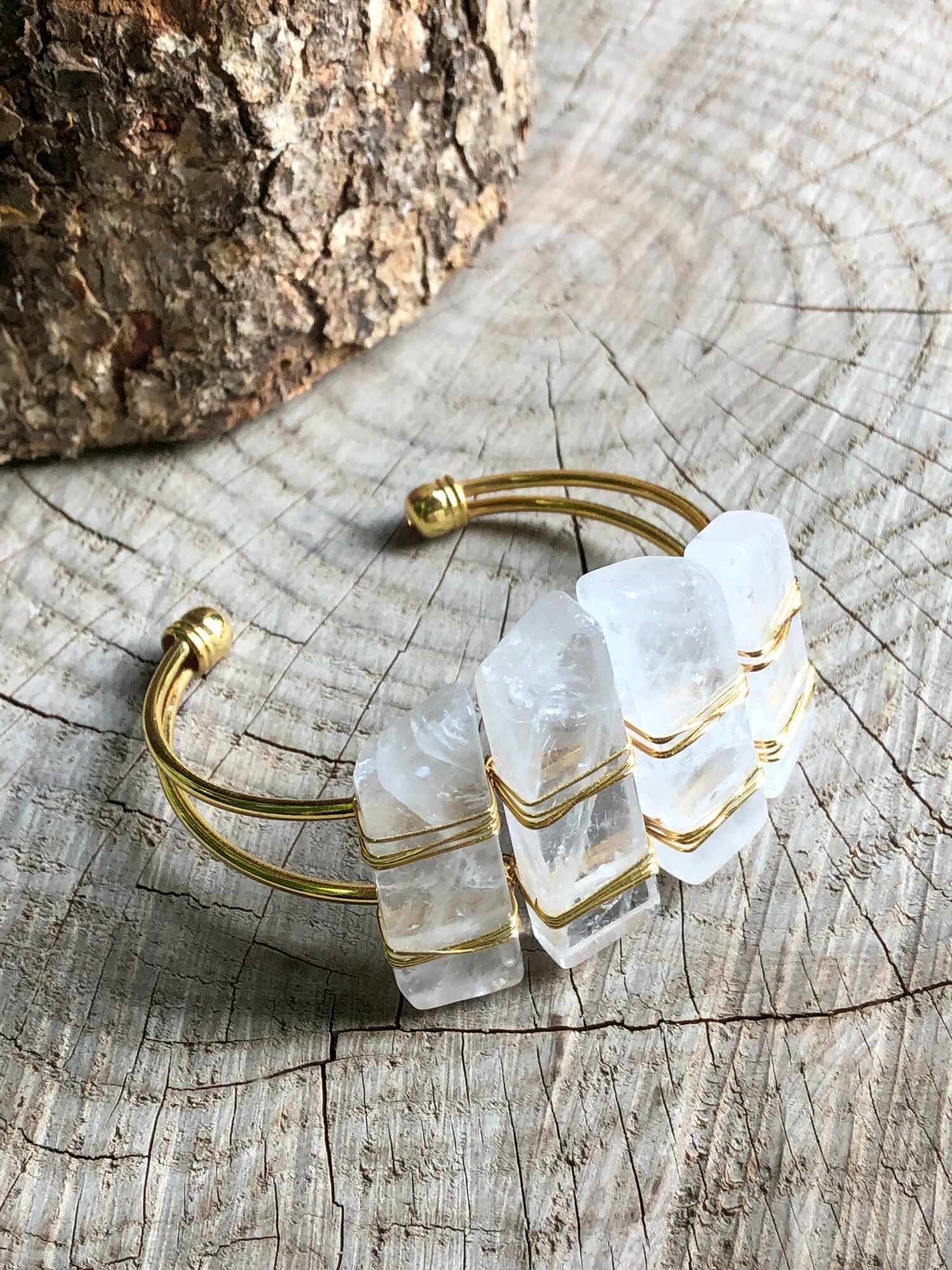 Quartz Crystal Wire Wrapped Bracelet Gold