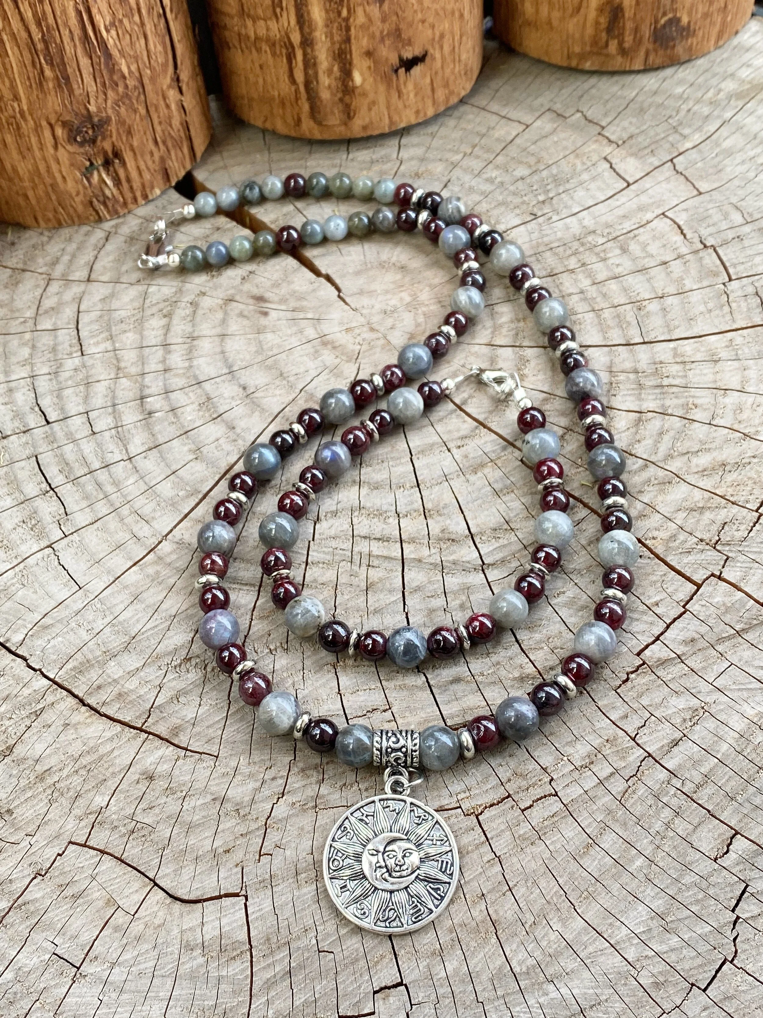 Labradorite and Garnet Astrology Necklace with Bracelet 22"