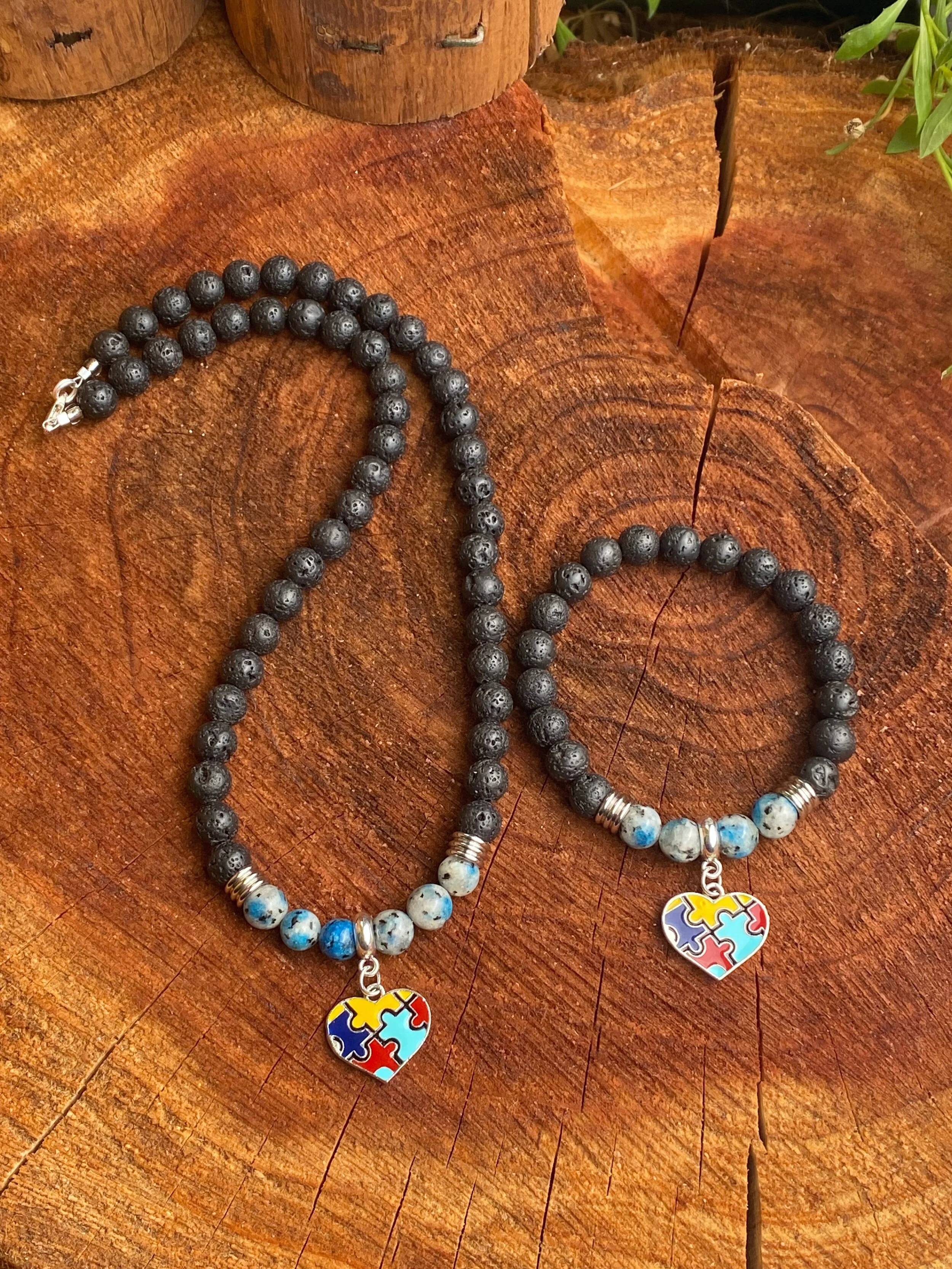 K2 Stone with Lava Stone Heart Puzzle Necklace and Bracelet set for Autism Awareness