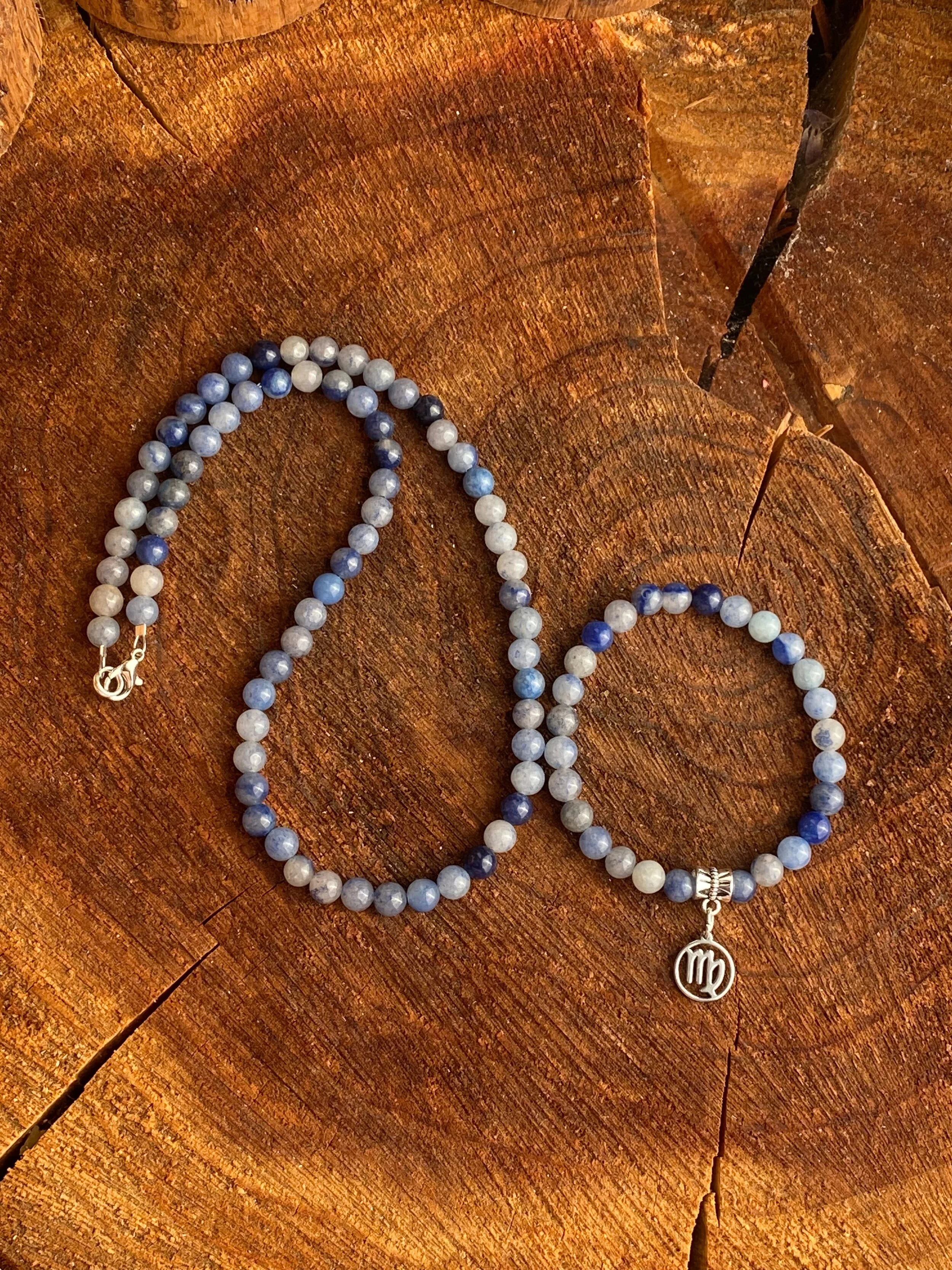 Virgo Blue Aventurine Bead Necklace and Bracelet Set (S/M)