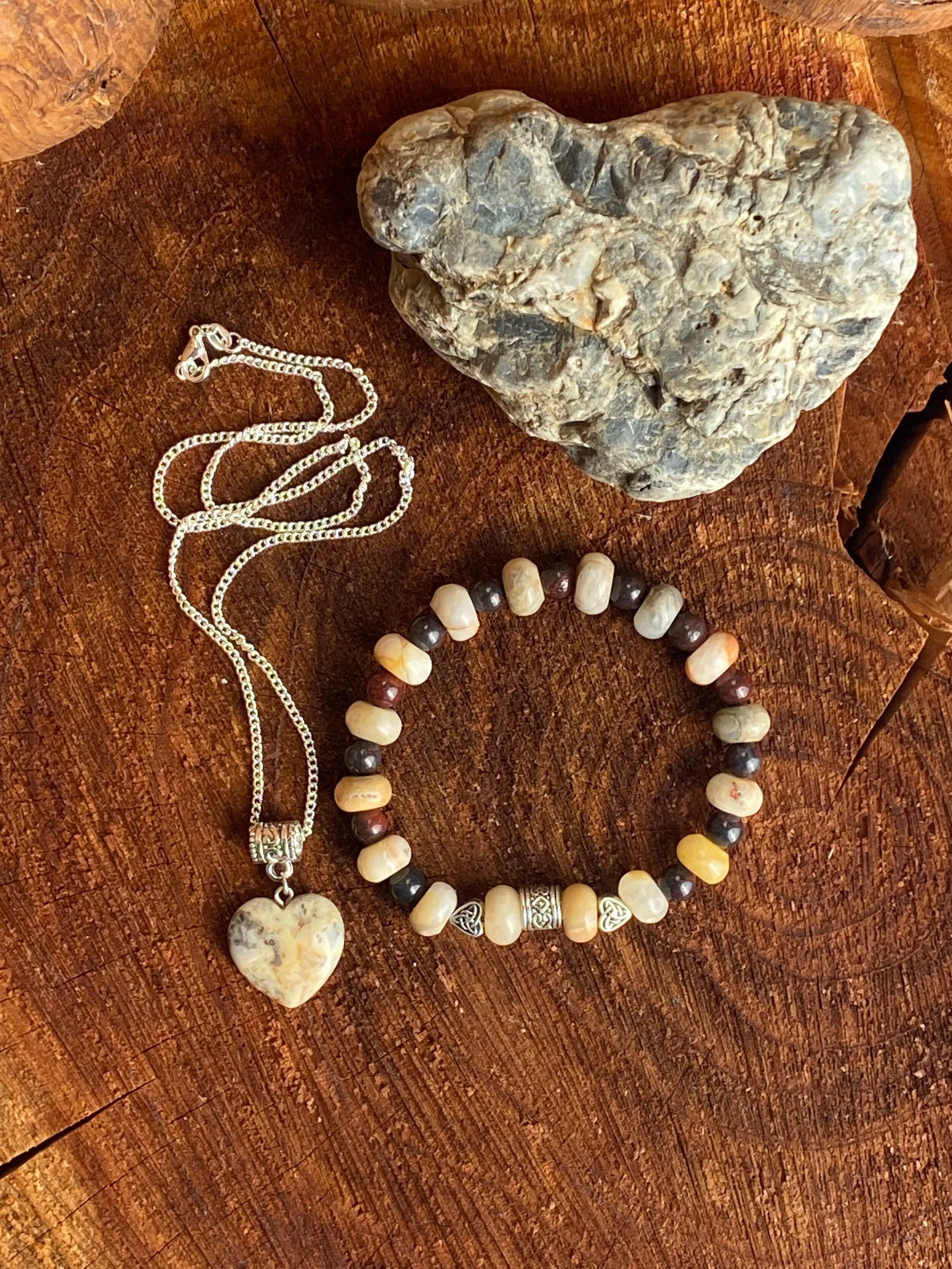 Crazy Lace Agate with Red Jasper Heart Necklace and Bracelet Set