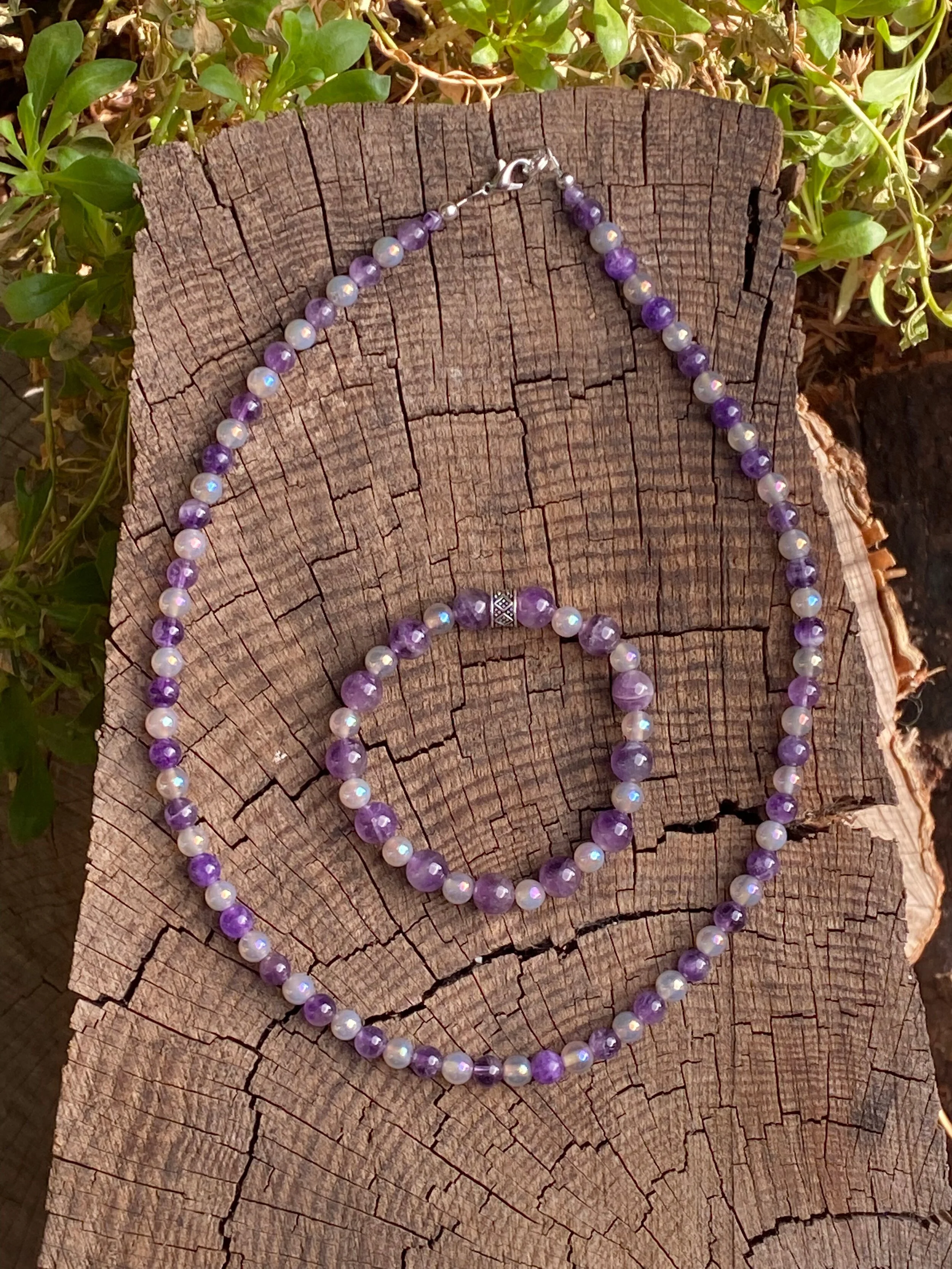 Amethyst with Gray Agate Bead Necklace and Bracelet Set