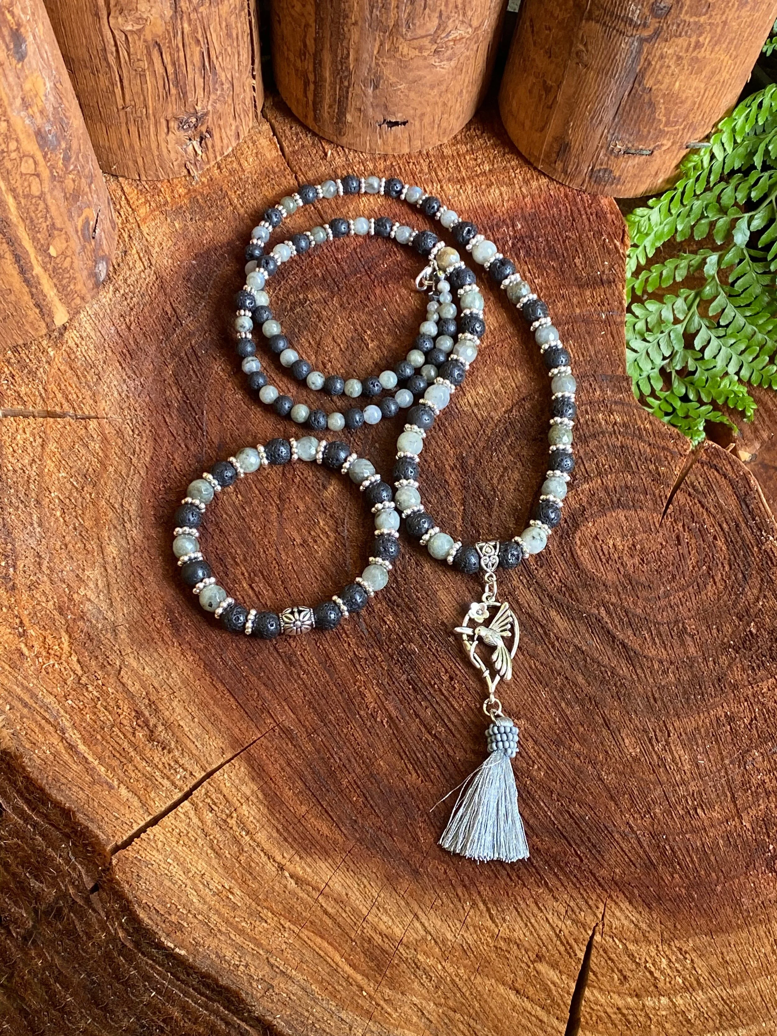 Labradorite with Lava Stone Hummingbird Necklace with Bracelet Set