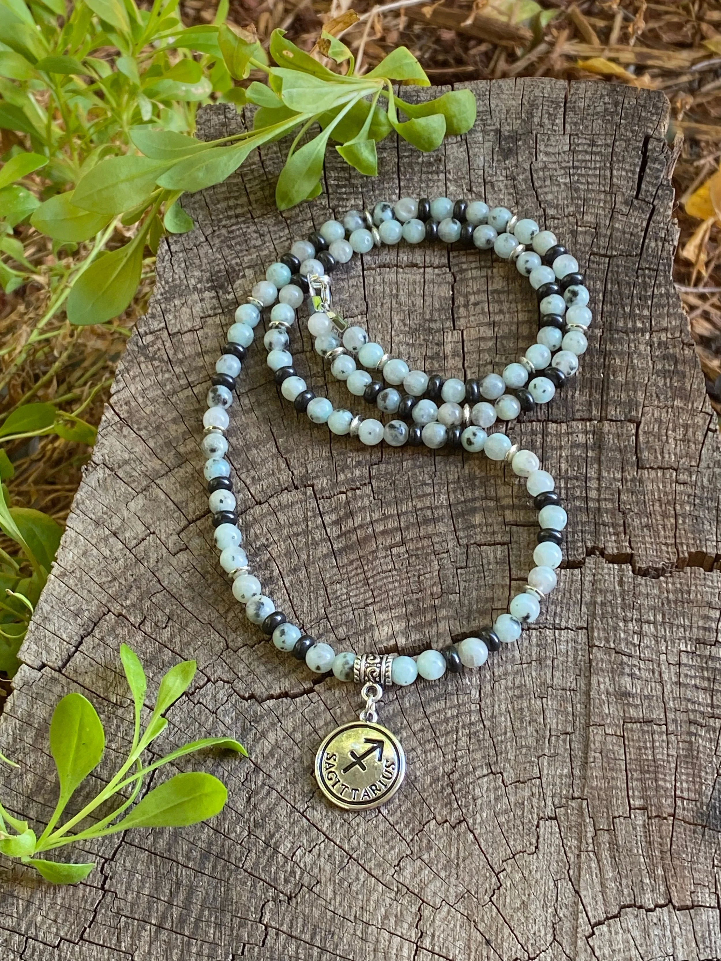 Sagittarius Kiwi Jasper Gemstone Bead Necklace for Wholeness 28"