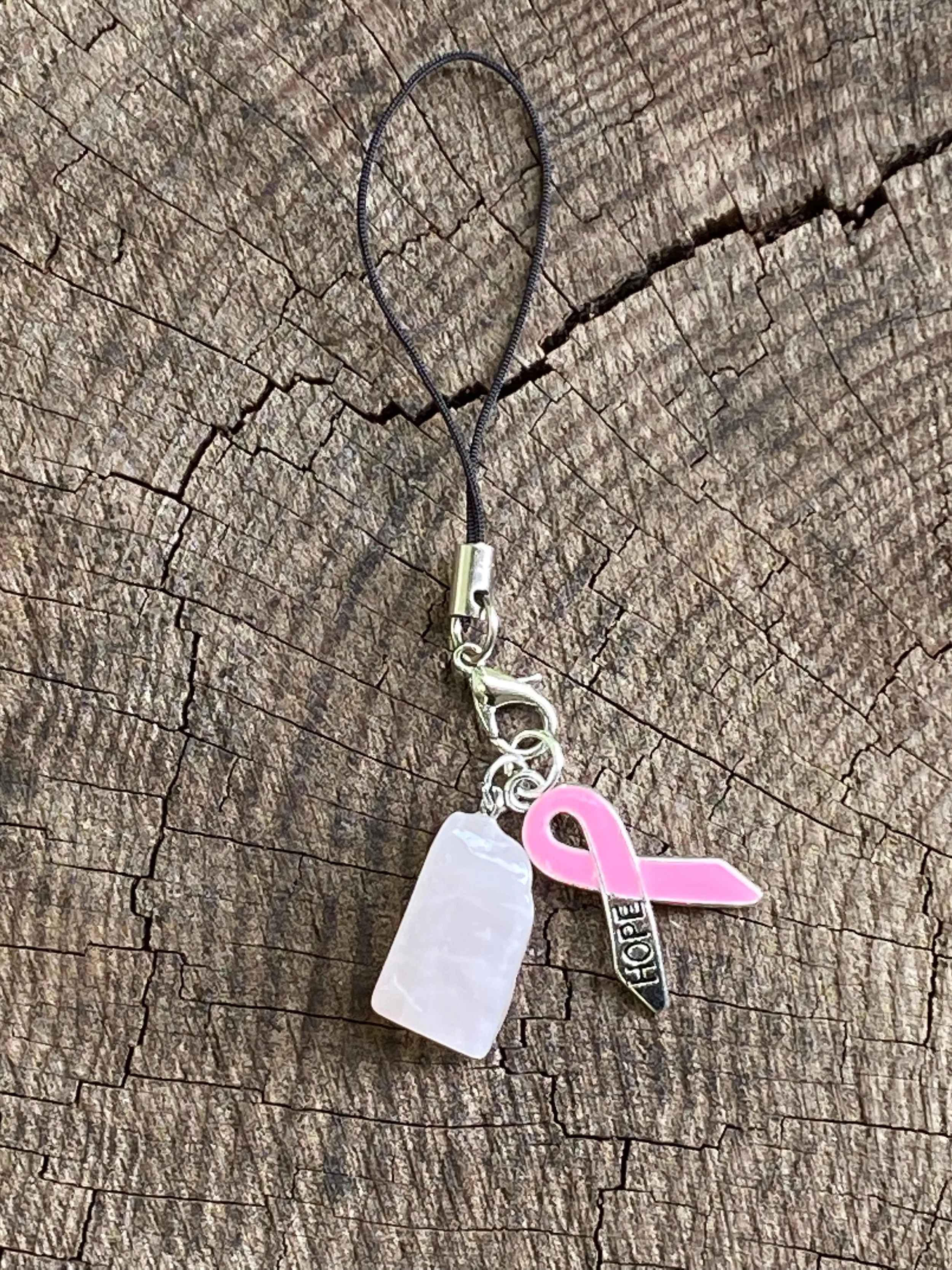 Rose Quartz Cancer Ribbon Gemstone Charm