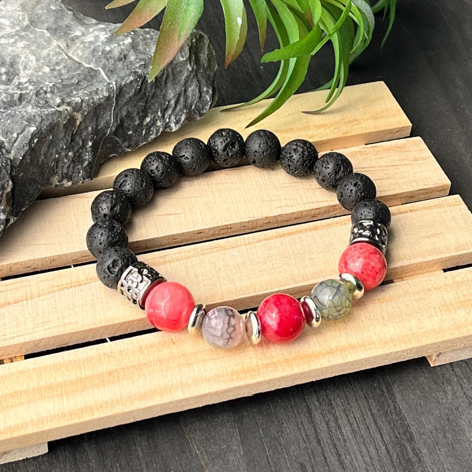 Wooden and Red Agate Beads Bracelet. Red Striped Agate Bracelet – Kreative Kreations main image 2