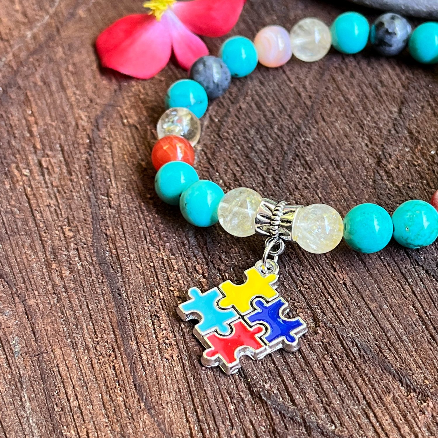 Multi-Colored Bead Stretch Charm Bracelet Autism Awareness Puzzle Piece and Pray for A Cure Charms