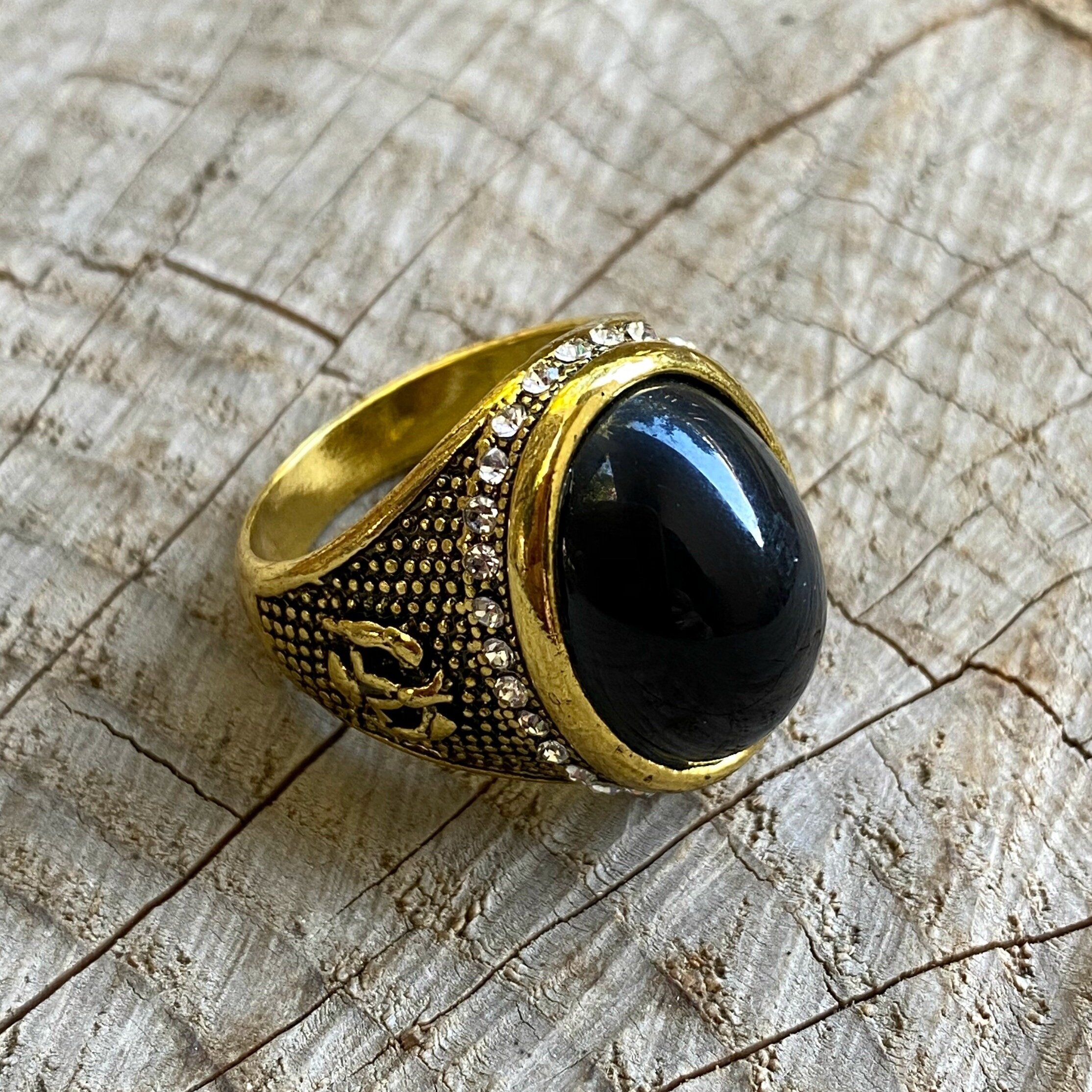 Gold Tone Rectangle Cut Large Black Stone Mens Ring Size 13