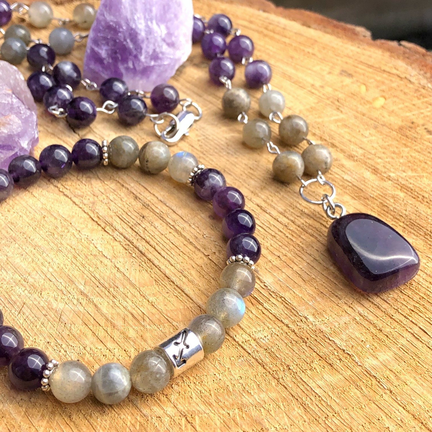 Sagittarius Amethyst with Labradorite Bead Necklace Bracelet Set (M/L)