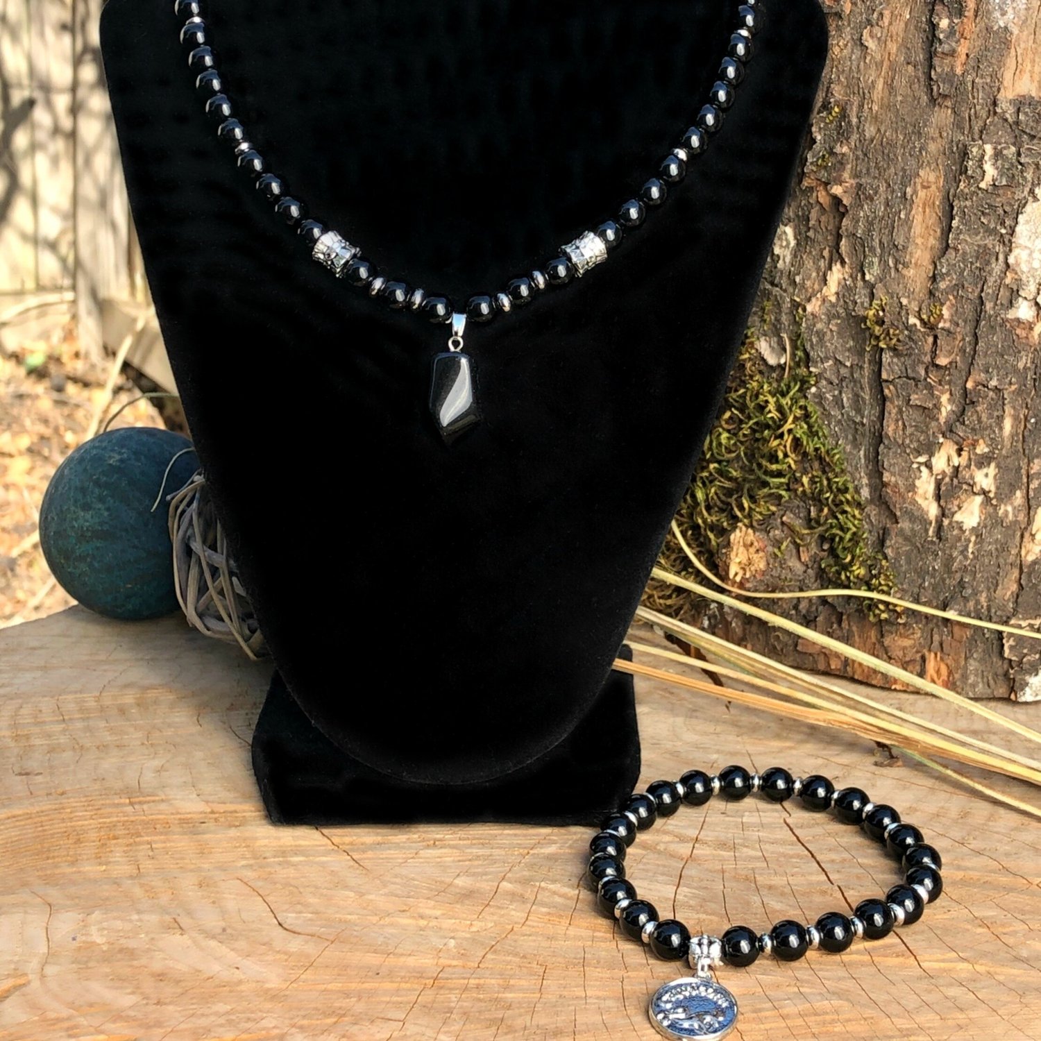 Natural Healing Gems Capricorn Black Jasper with Obsidian Bead Necklace and Bracelet Set (Large)