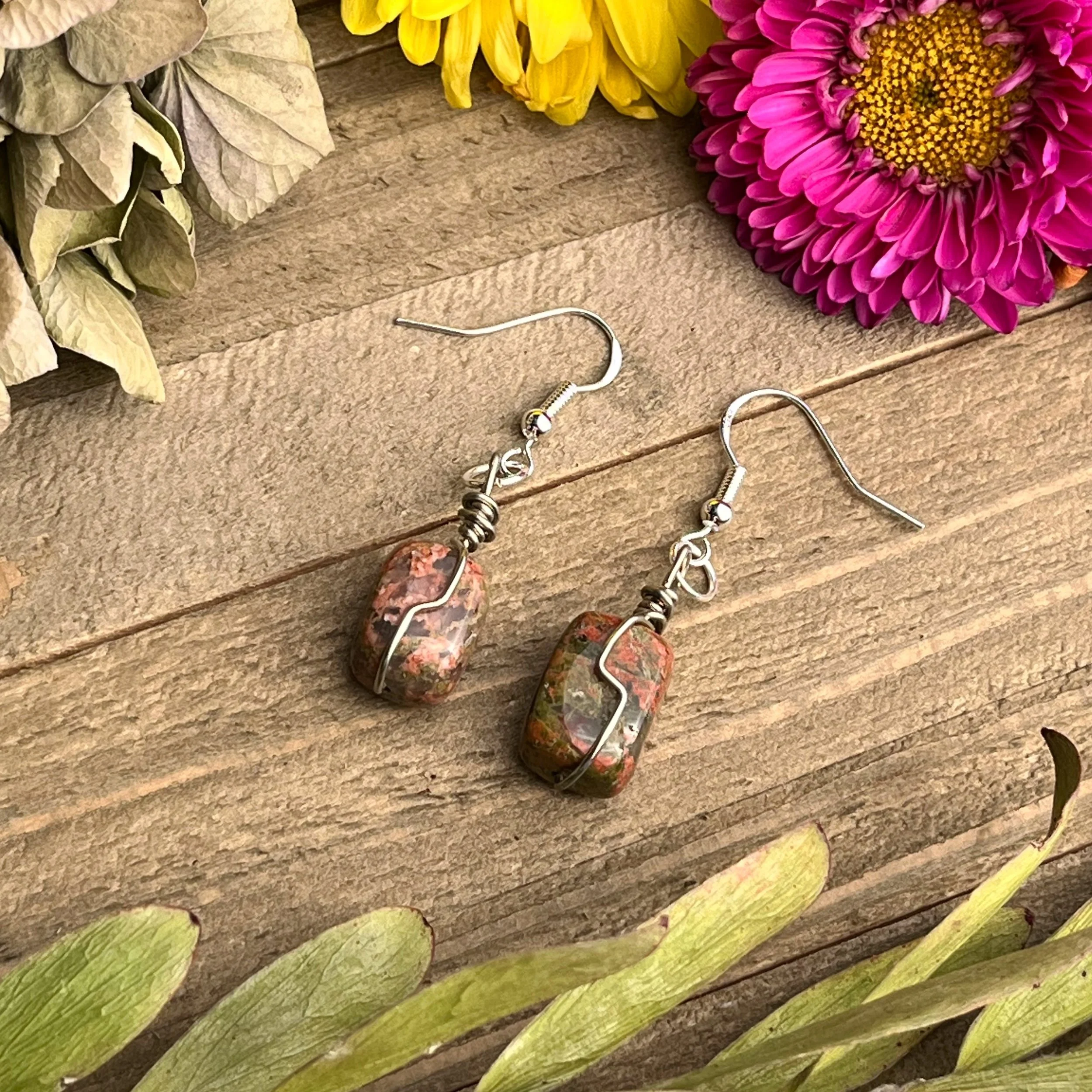 handmade wire wrapped gemstone earrings