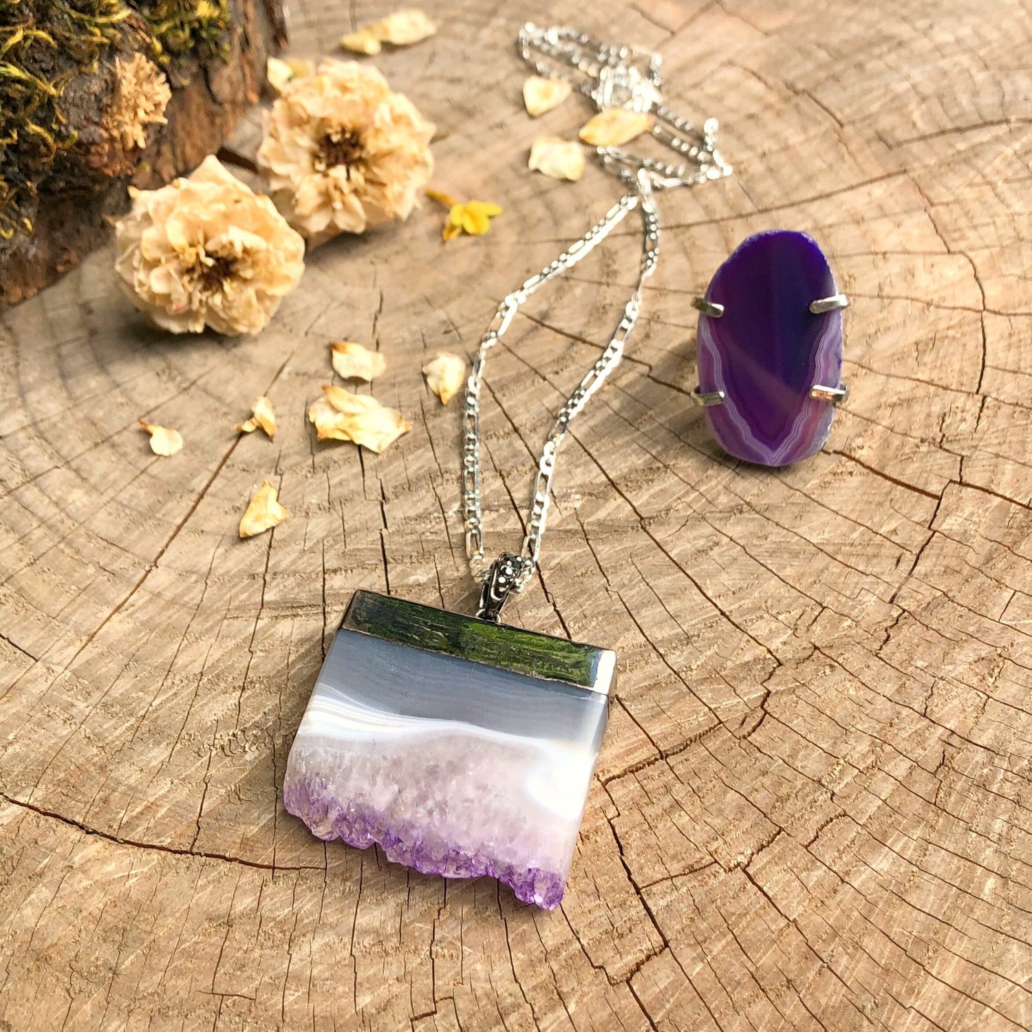 Handmade Natural Honey Agate Geode Druzy Silver Pendant Necklace