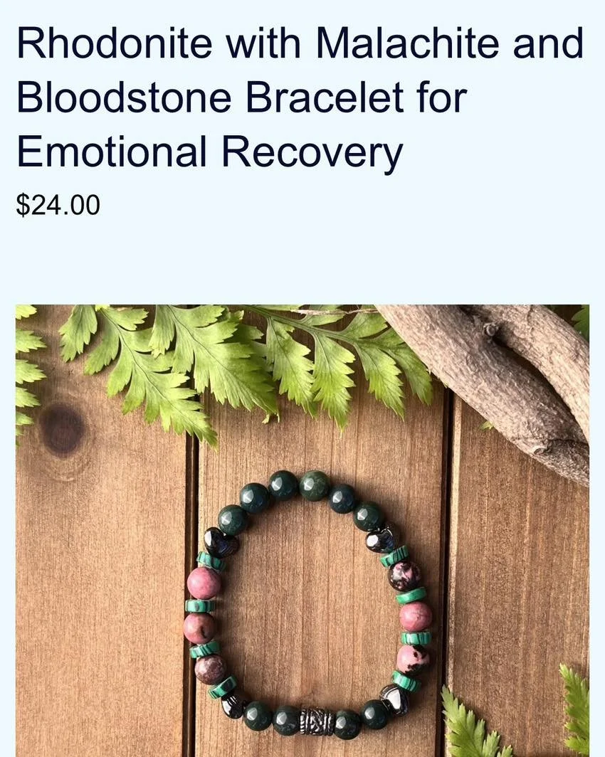 Process and move through painful emotions with this healing gemstone bracelet. The gemstones on this bracelet include: Rhodonite, Malachite, and Bloodstone. Rhodonite acknowledges emotional scars through love, compassion, and forgiveness. It heals re