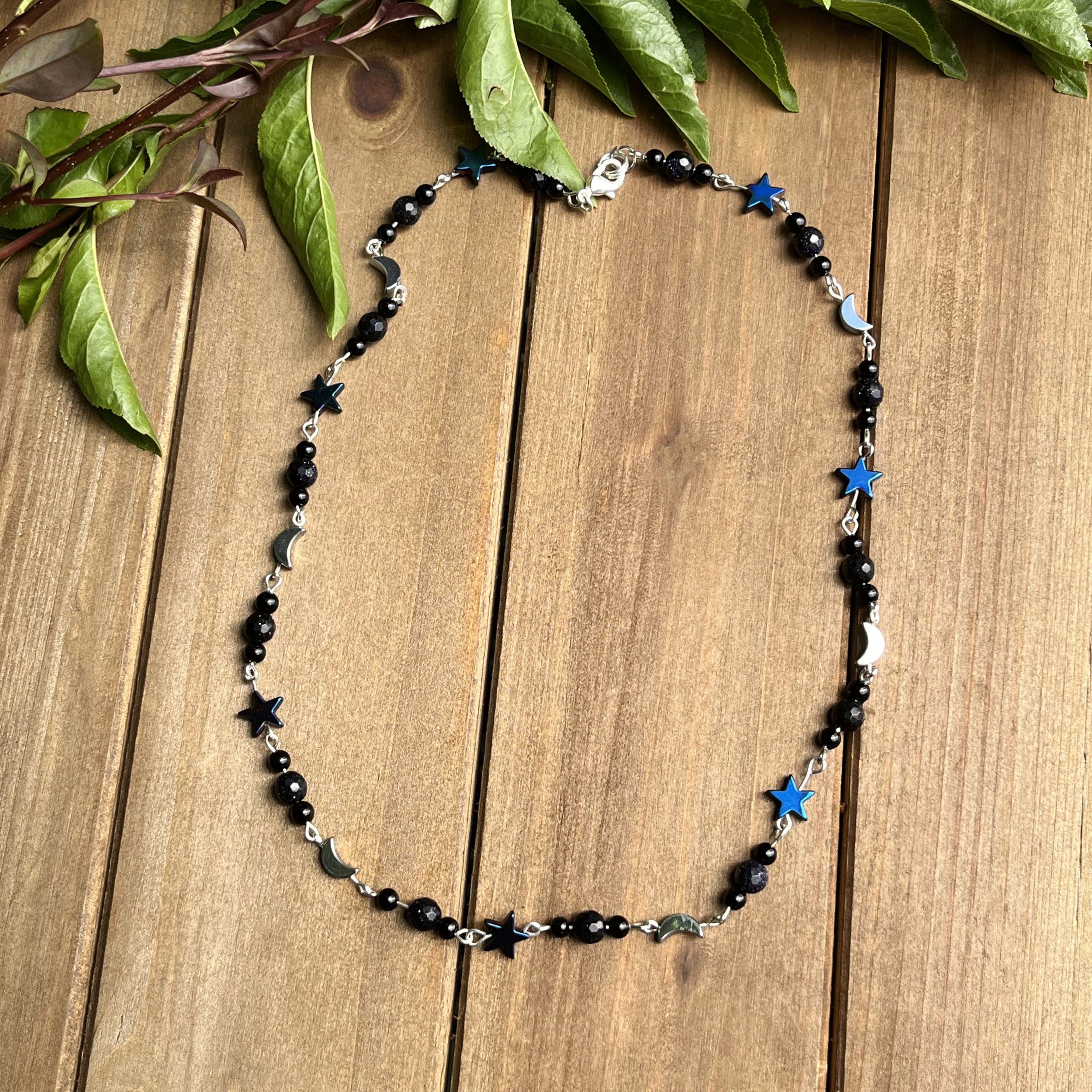 Blue Goldstone with Black Agate and Hematite Starry Sky Bead Necklace