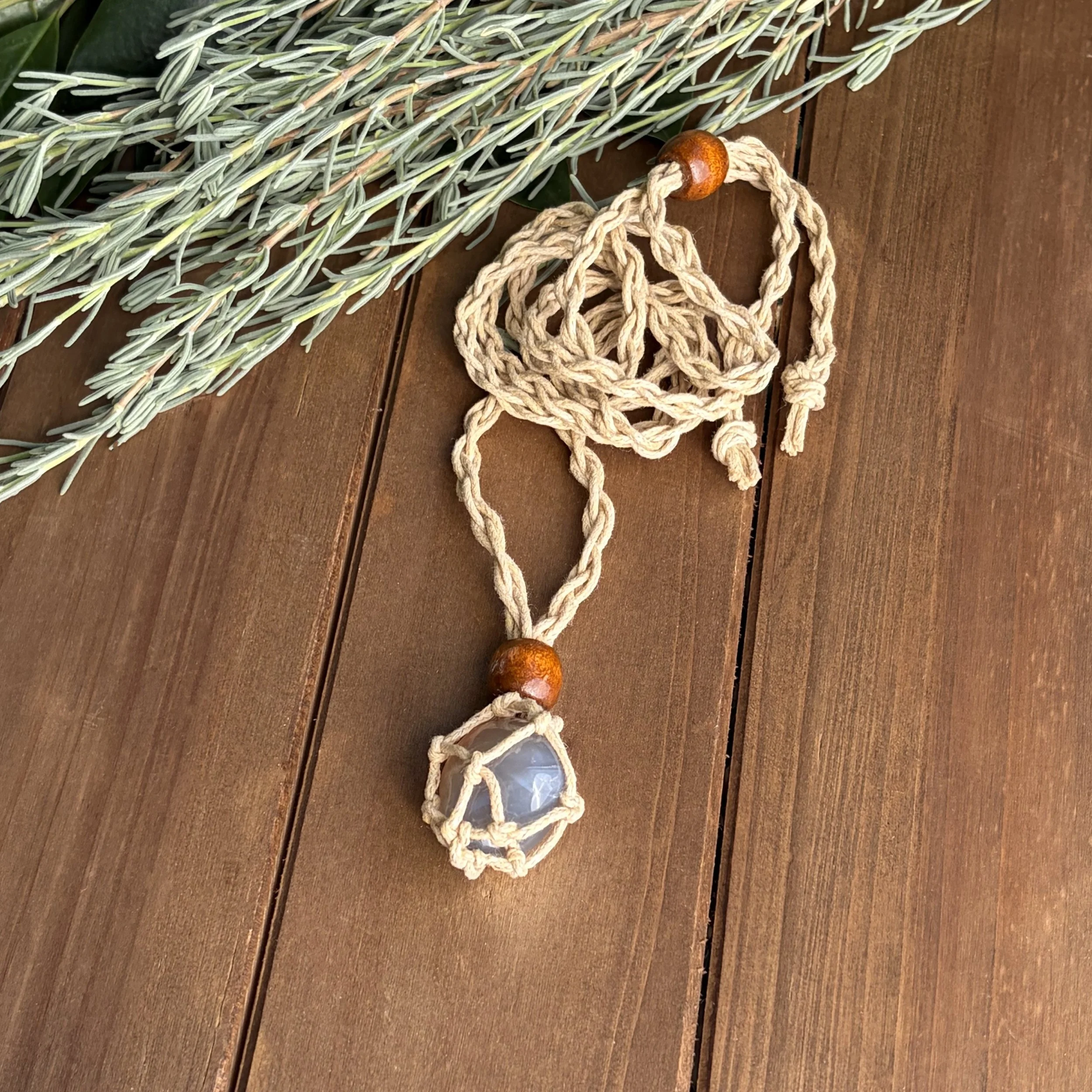 Gray Agate Macrame Necklace with Small Tumbled Crystal