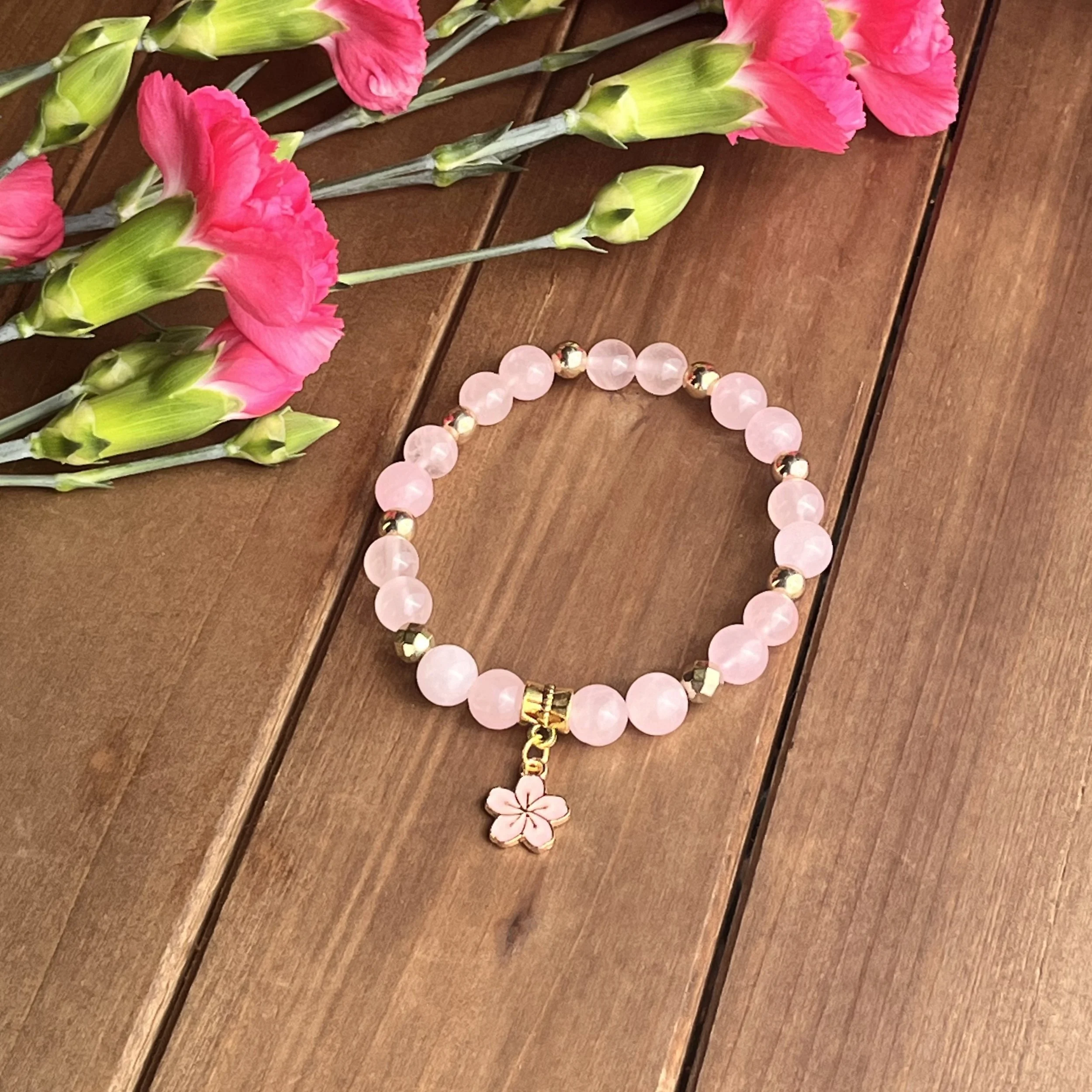 Rose Quartz Bracelet with Flower Charm for Compassion