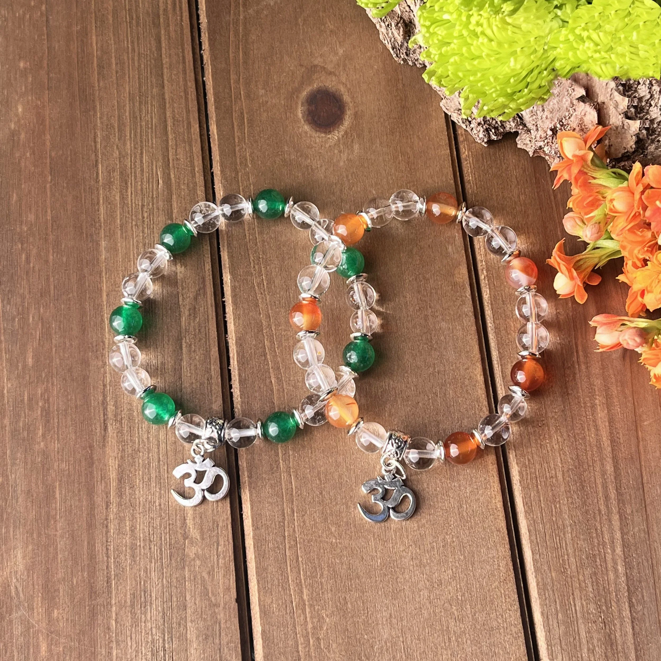 Clear Quartz Om Matching Bracelets with Carnelian and Jade