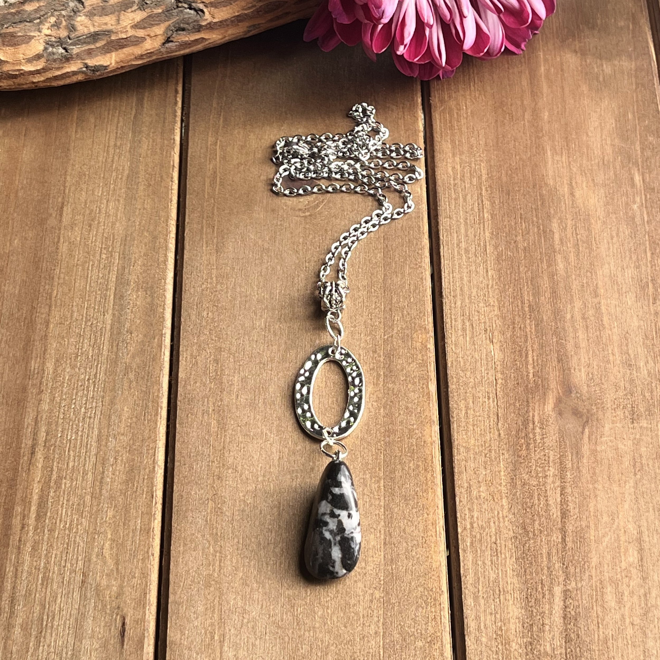 Zebra Jasper Necklace with Silver Oval for Contentment