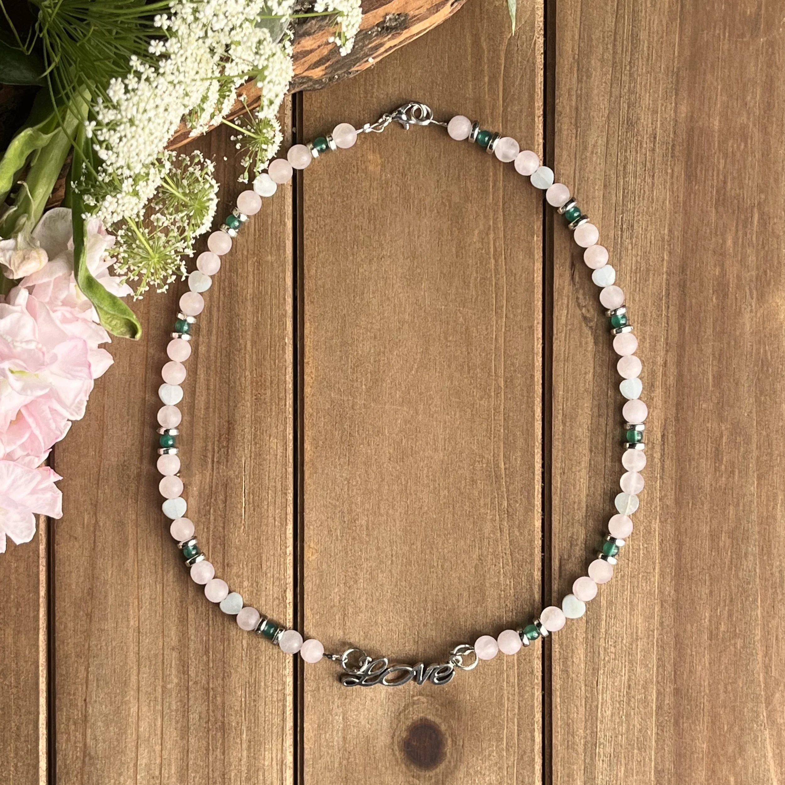 Rose Quartz with Amazonite and Green Agate necklace