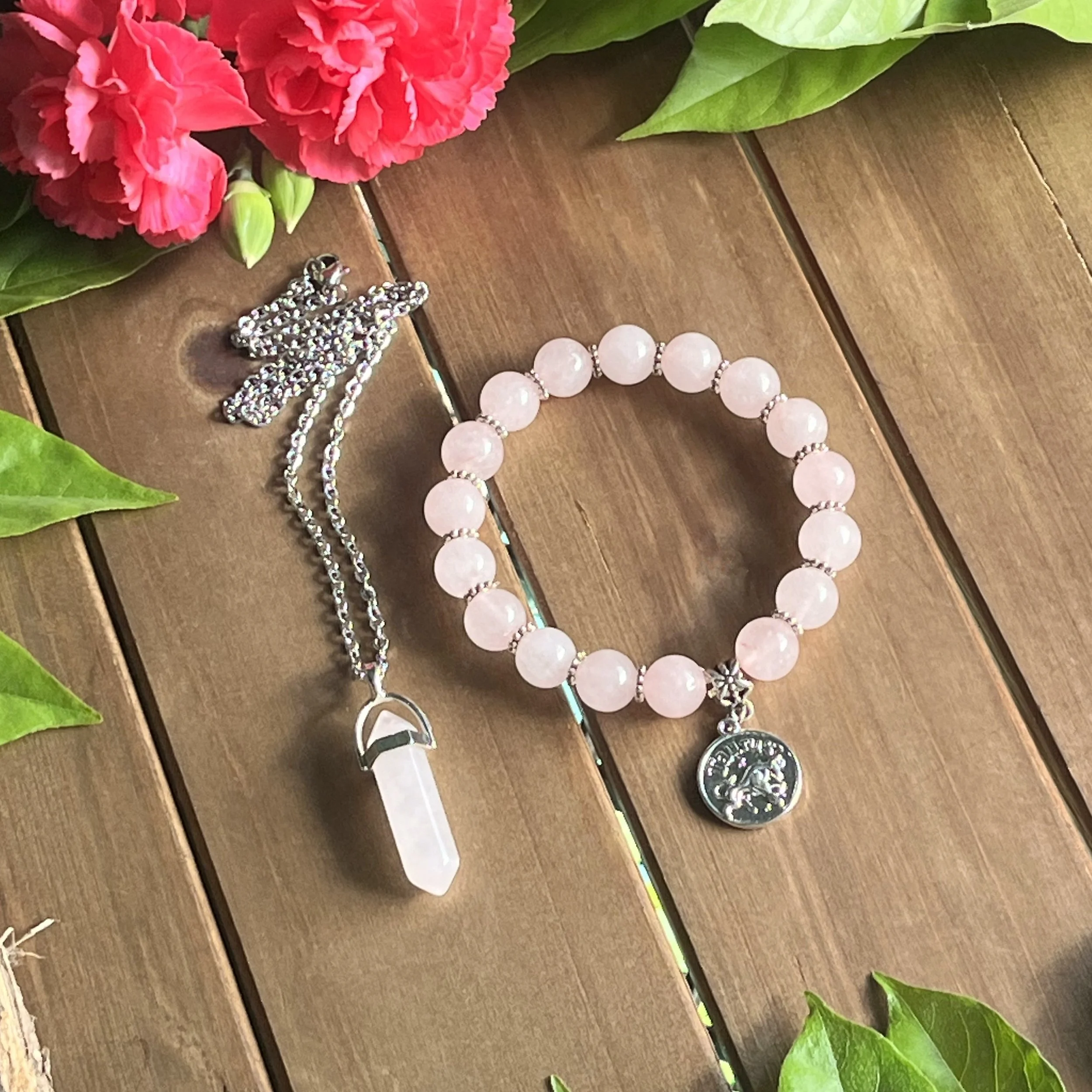 Taurus rose quartz pillar necklace with bracelet