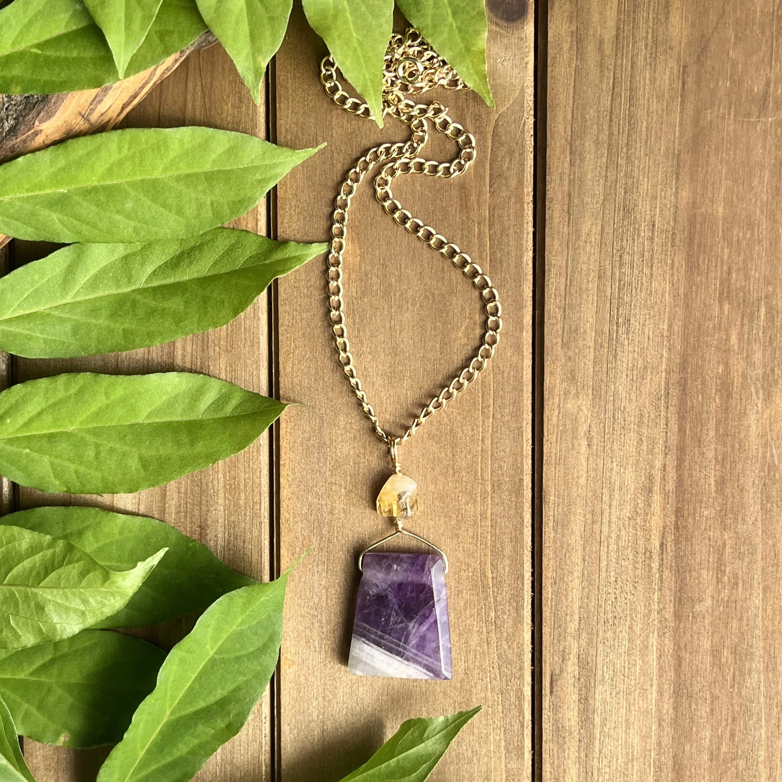 Amethyst and Citrine Wire Wrapped Necklace for Building Wealth