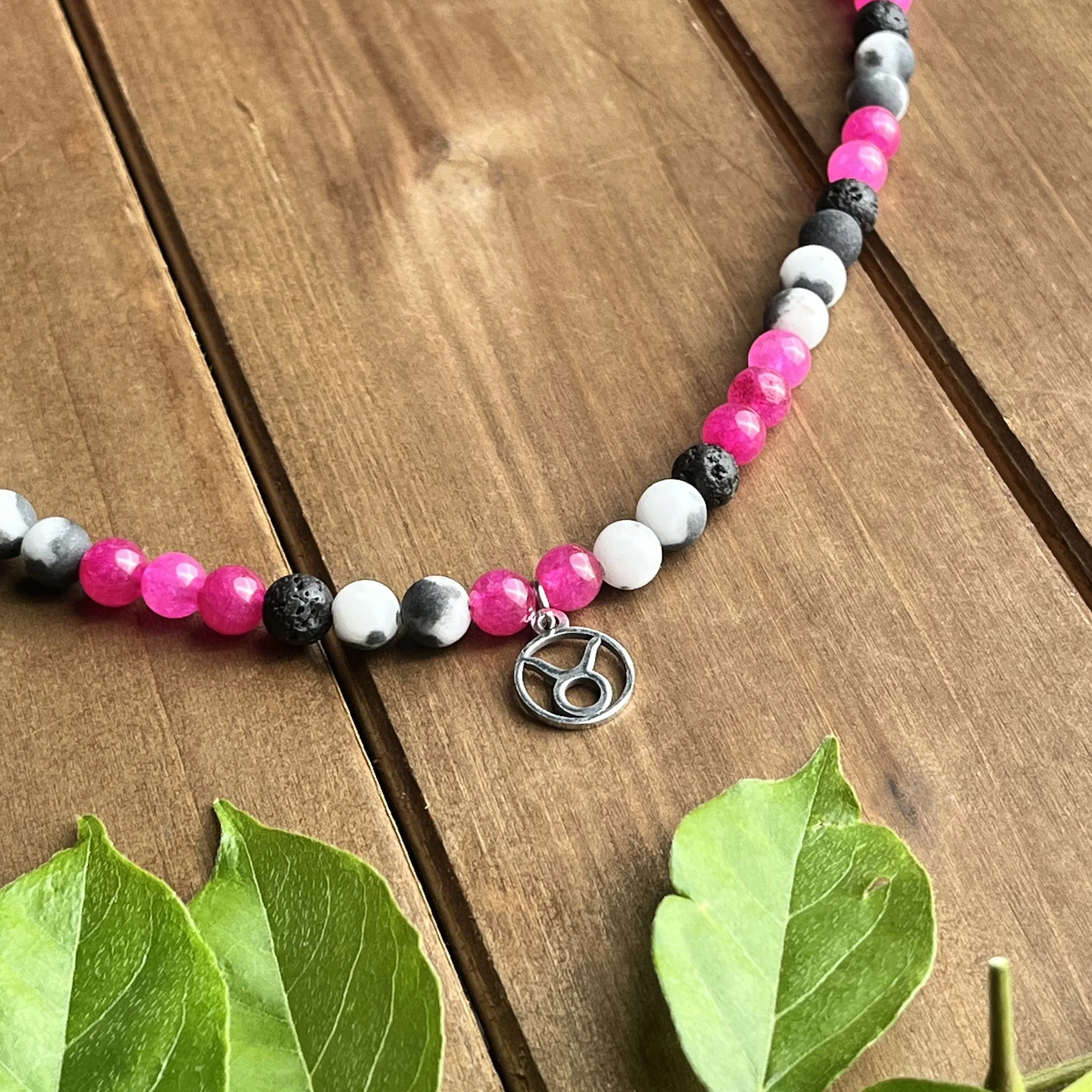 Taurus pink and black bead choker necklace