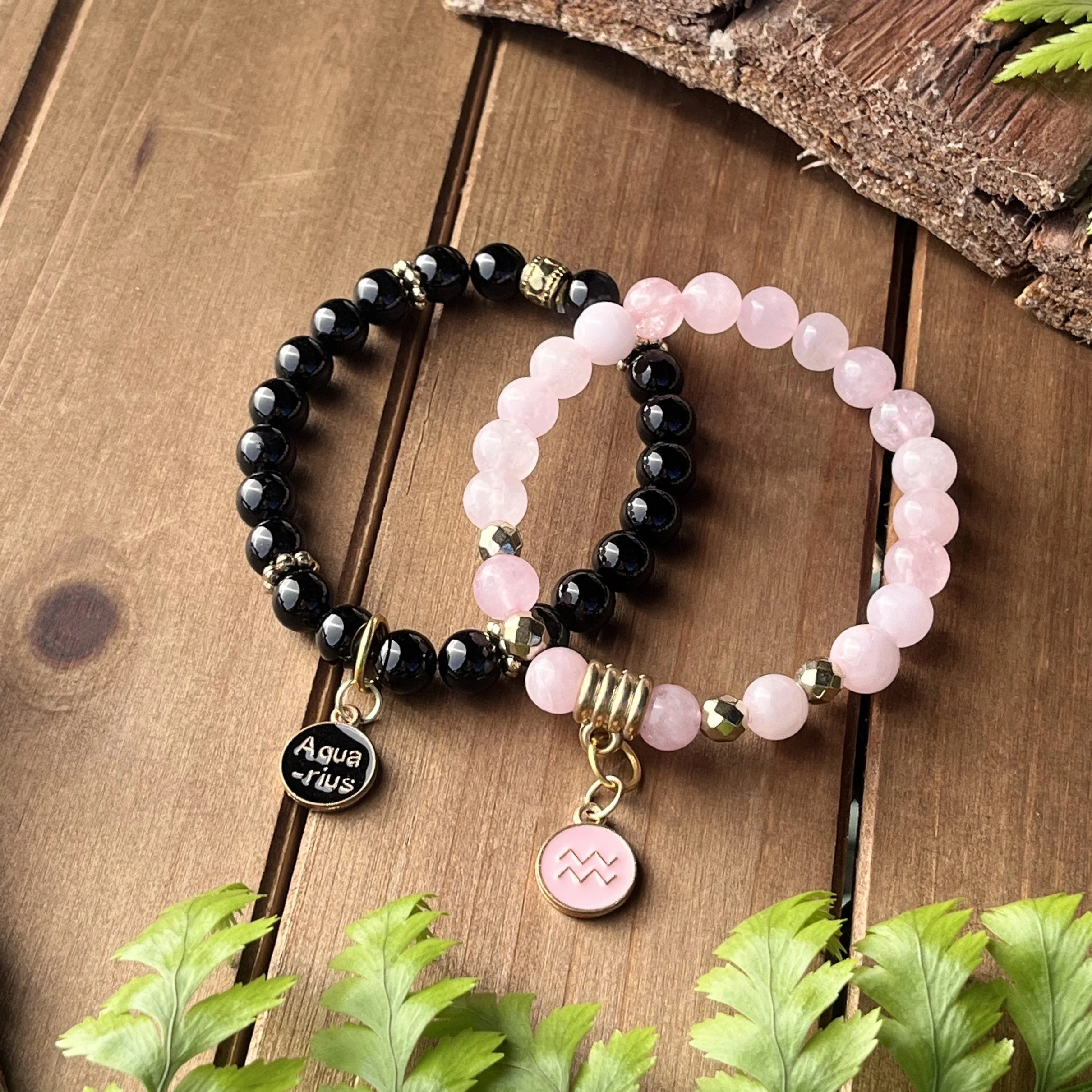 Aquarius Rose Quartz with Onyx Bracelet Set