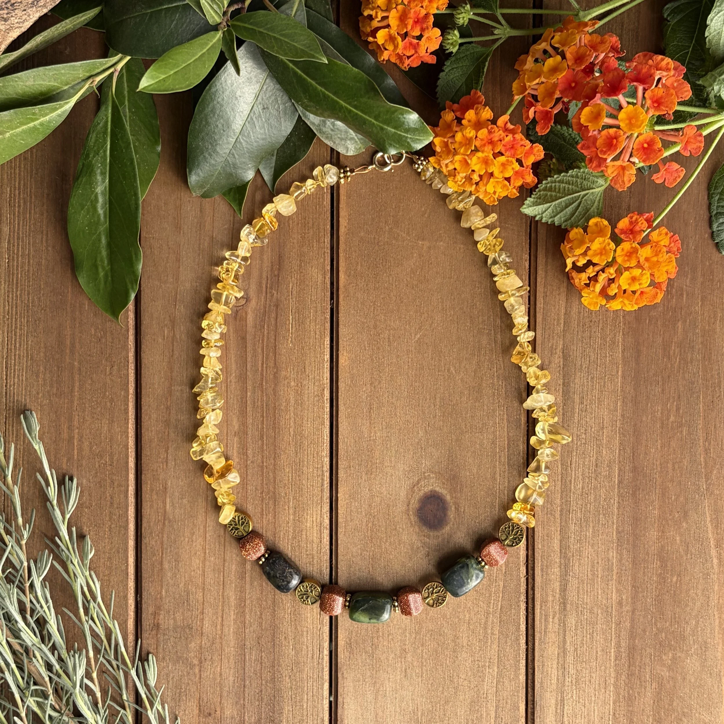 Mixed Gemstone Chip Necklace with Citrine for Wisdom and Wealth 16"