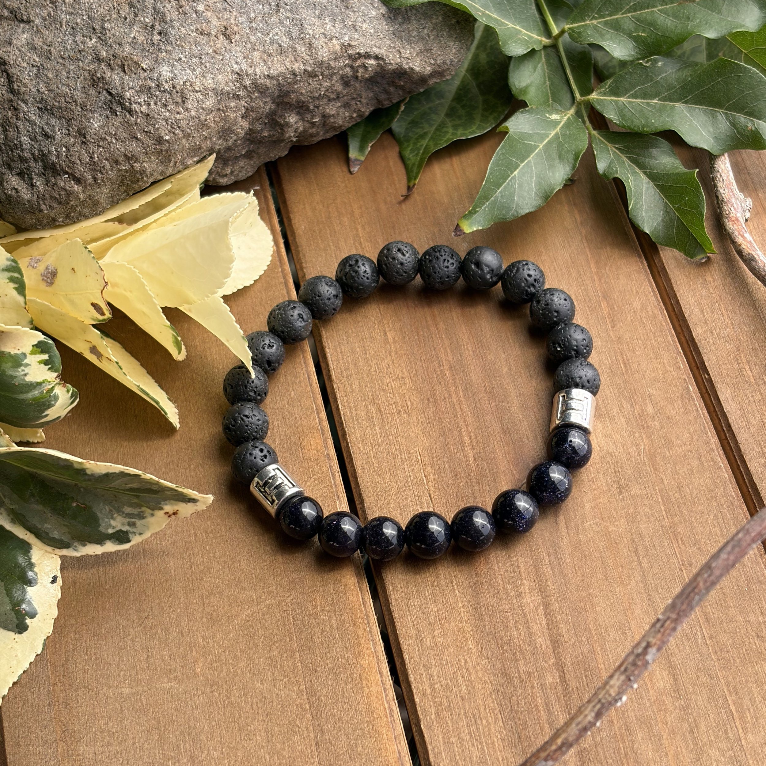 Gemini Blue Goldstone with Lava Stone bracelet