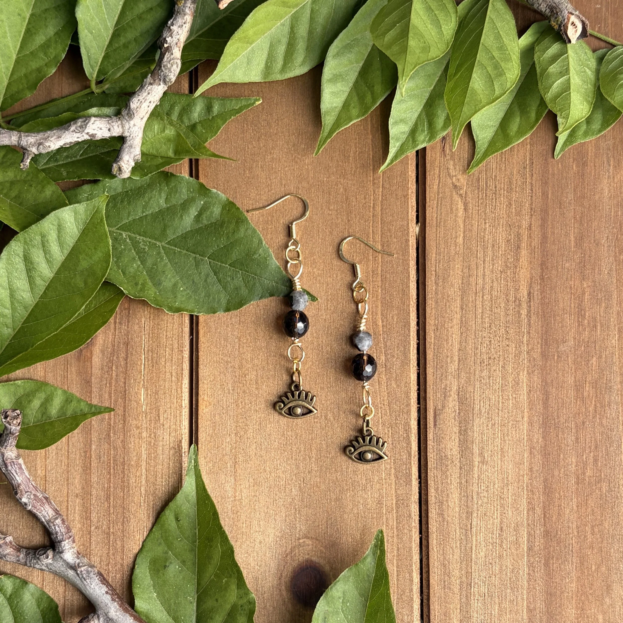 Black Labradorite and Smoky Quartz Eye of Horus Dangle Earrings