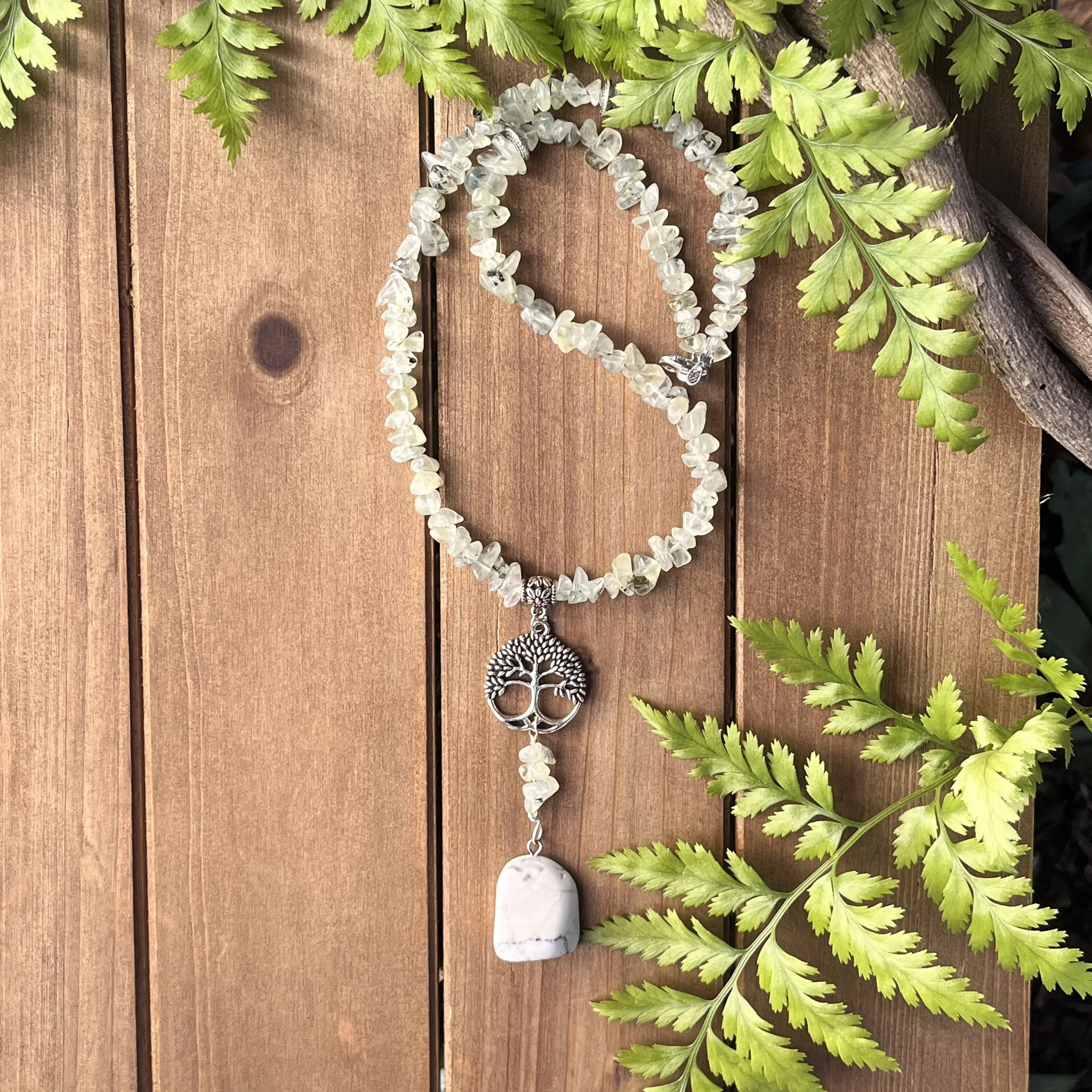 Prehnite Chip Tree of LIfe Necklace with White Howlite for Heart Healing