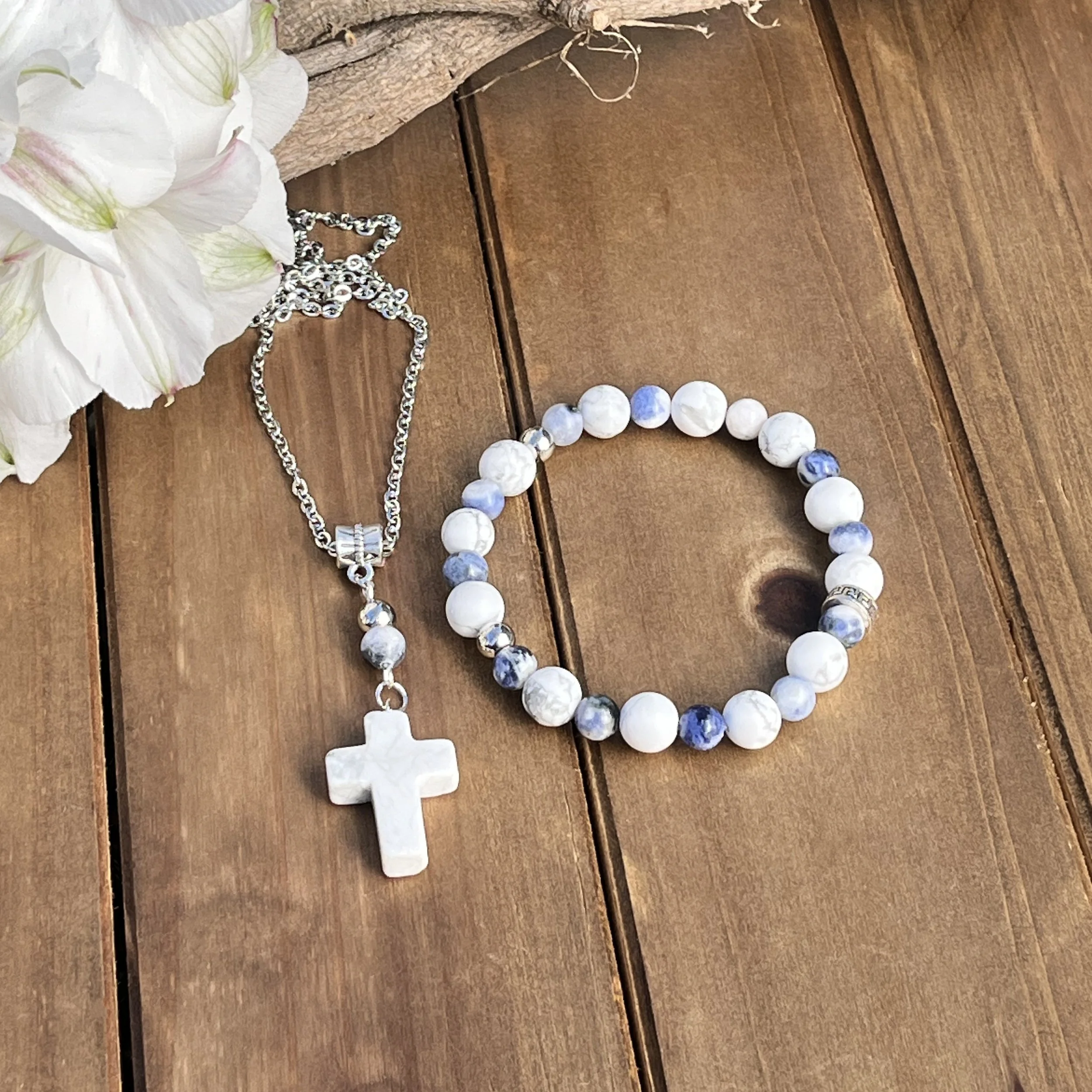 White Howlite cross necklace and bracelet
