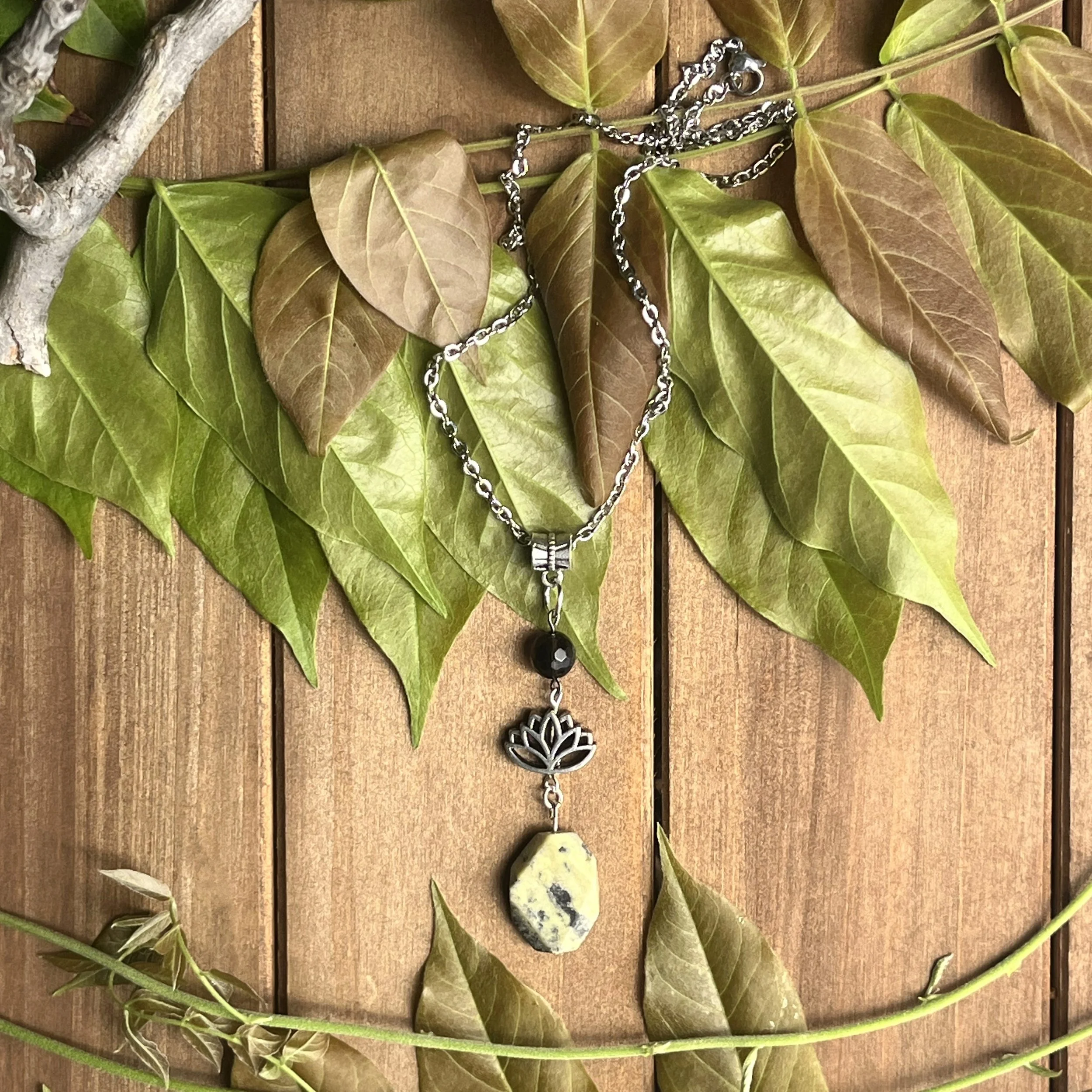 Serpentine with Smoky Quartz lotus necklace
